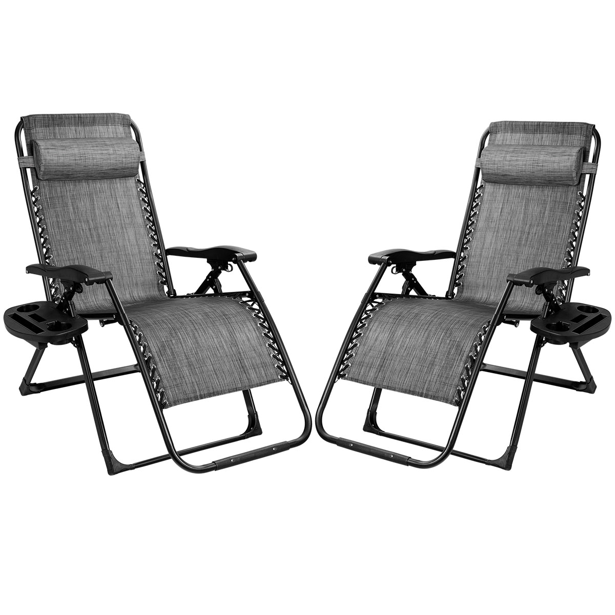 2PCS Folding Zero Gravity Lounge Chair Recliner W/ Cup Holder Pillow - Gray