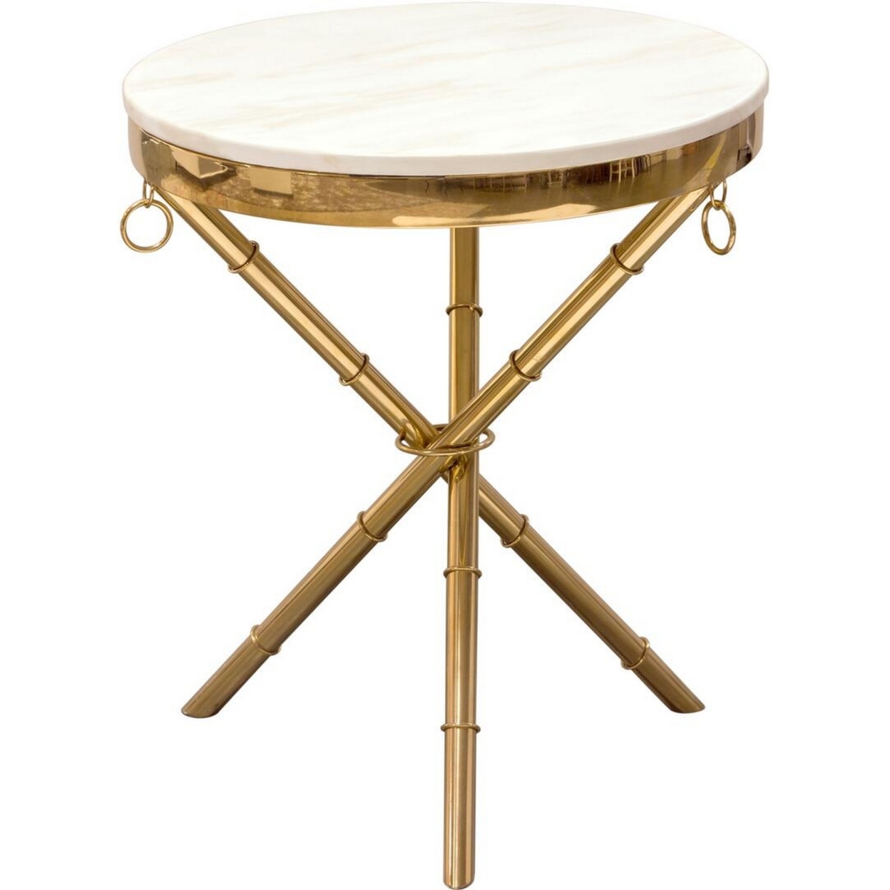 Marble Top Accent Table With Stainless Steel Crossed Legs, White And Gold- Saltoro Sherpi