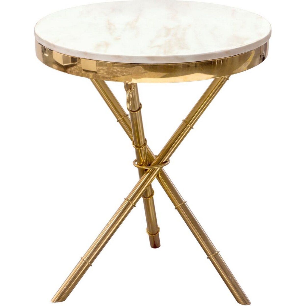 Marble Top Accent Table With Stainless Steel Crossed Legs, White And Gold- Saltoro Sherpi