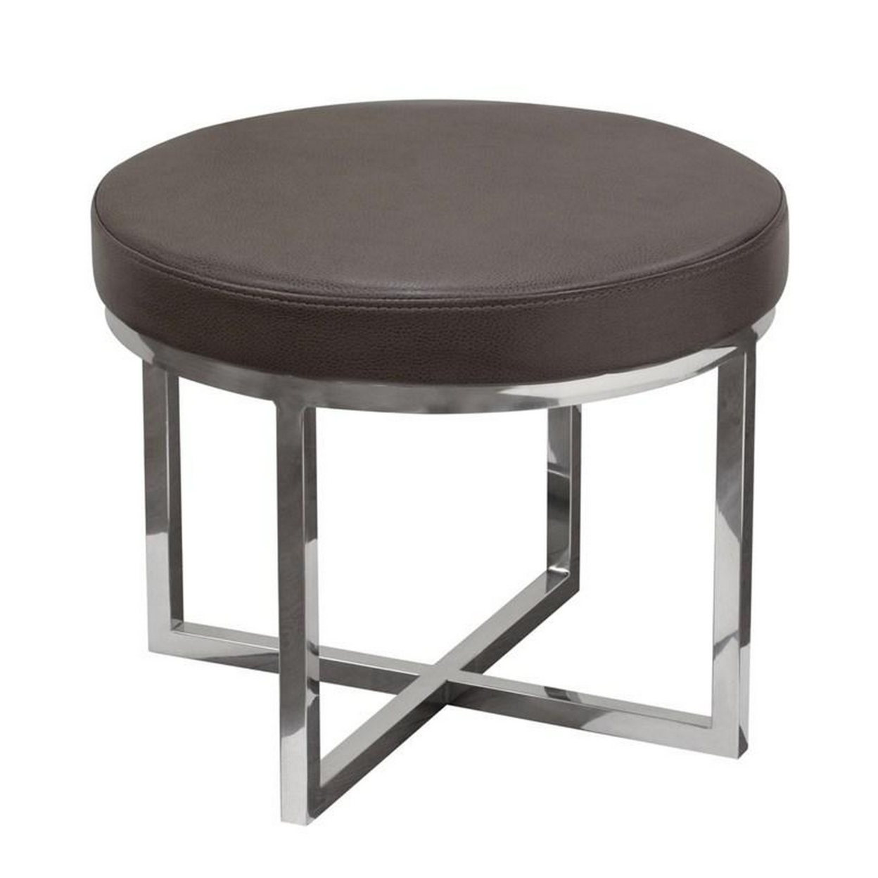 Leather Upholstered Round Accent Stool With Cross Metal Legs, Gray And Chrome- Saltoro Sherpi