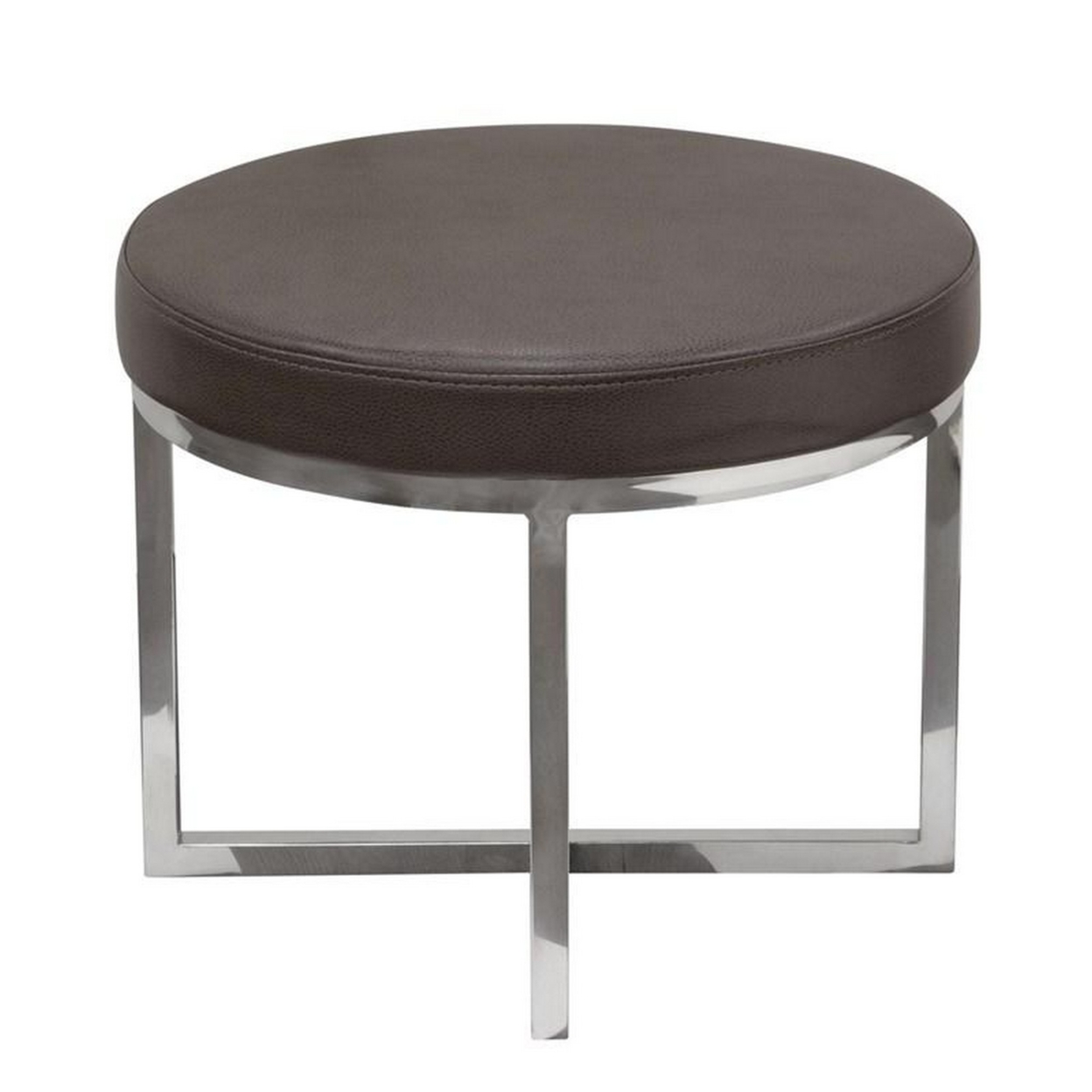 Leather Upholstered Round Accent Stool With Cross Metal Legs, Gray And Chrome- Saltoro Sherpi