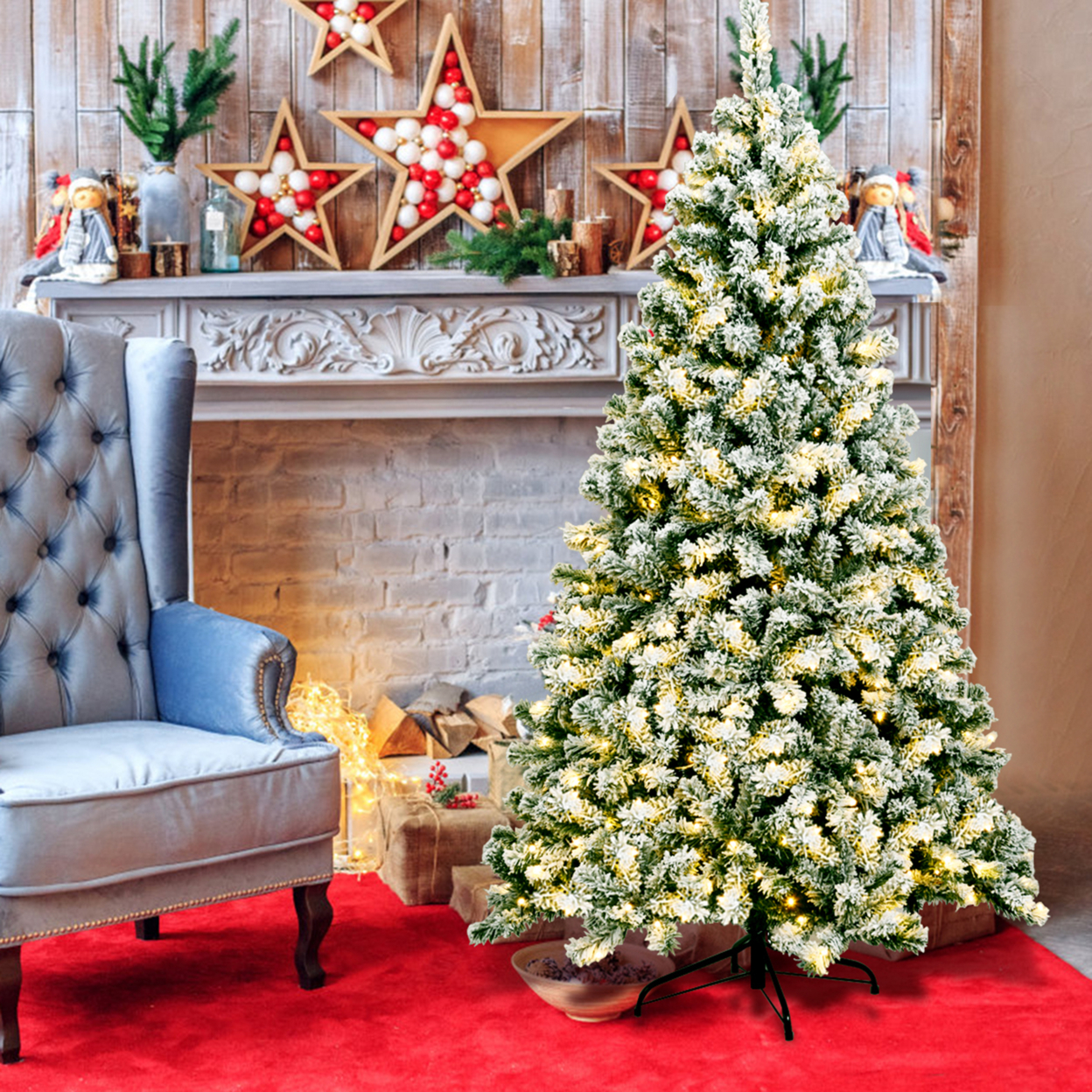6ft Pre-lit Snow Flocked Christmas Tree Hinged Pine Tree Holiday Decoration