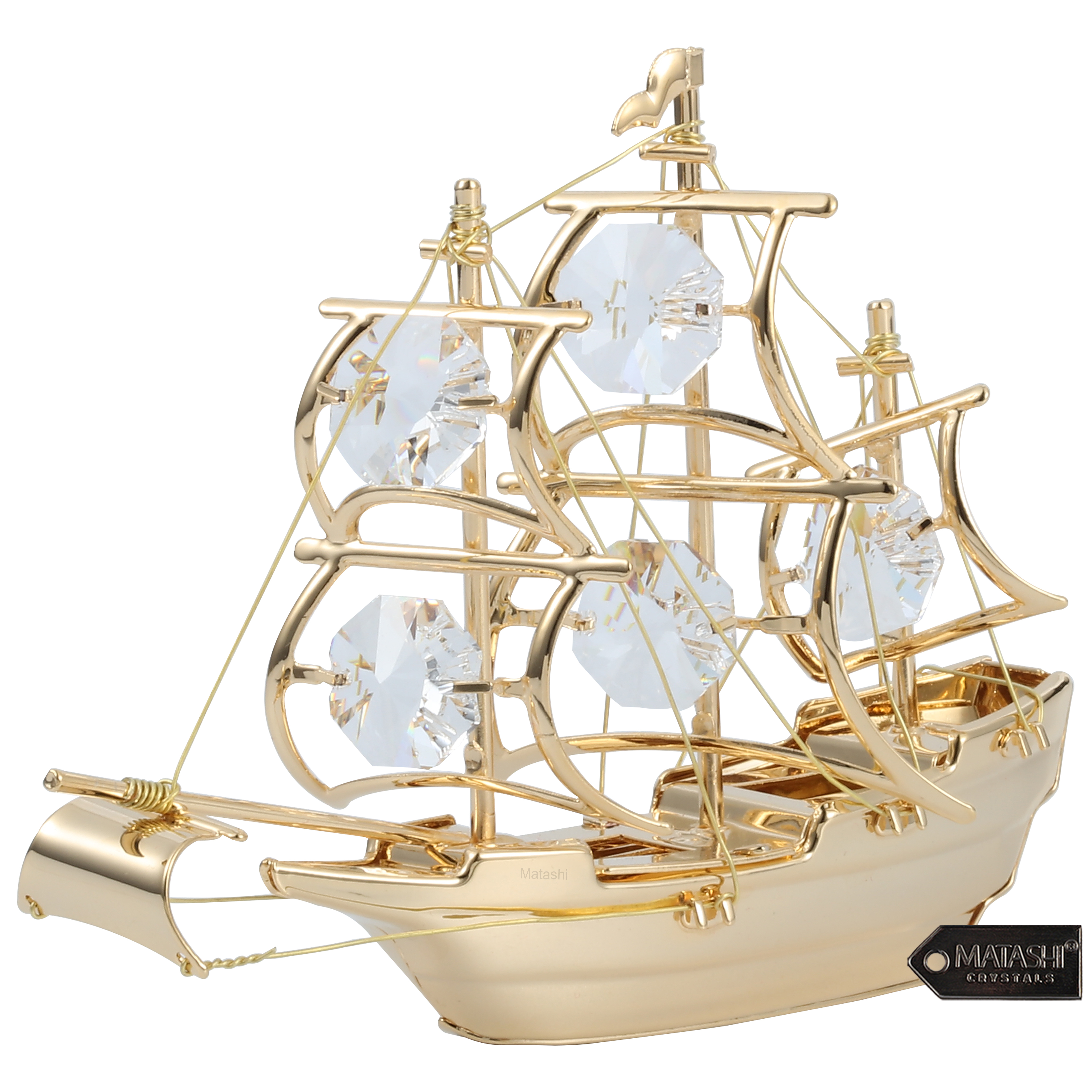 Matashi 24K Gold Plated Clear Crystal Studded Mayflower Sailing Ship Ornament