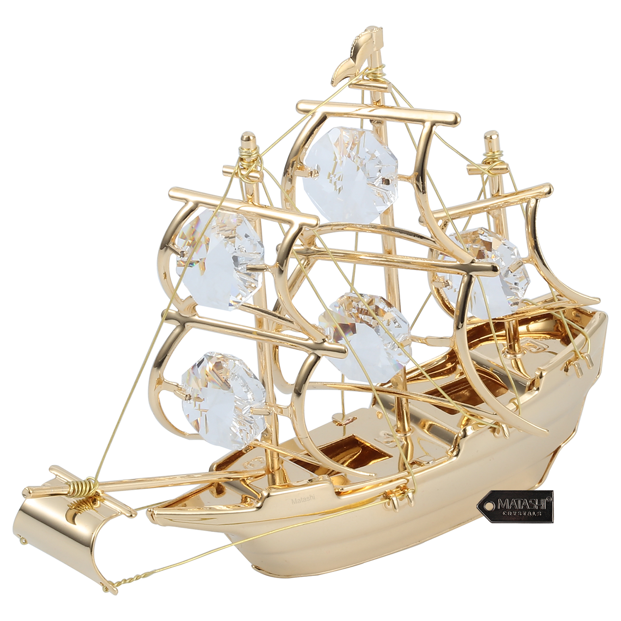 Matashi 24K Gold Plated Clear Crystal Studded Mayflower Sailing Ship Ornament