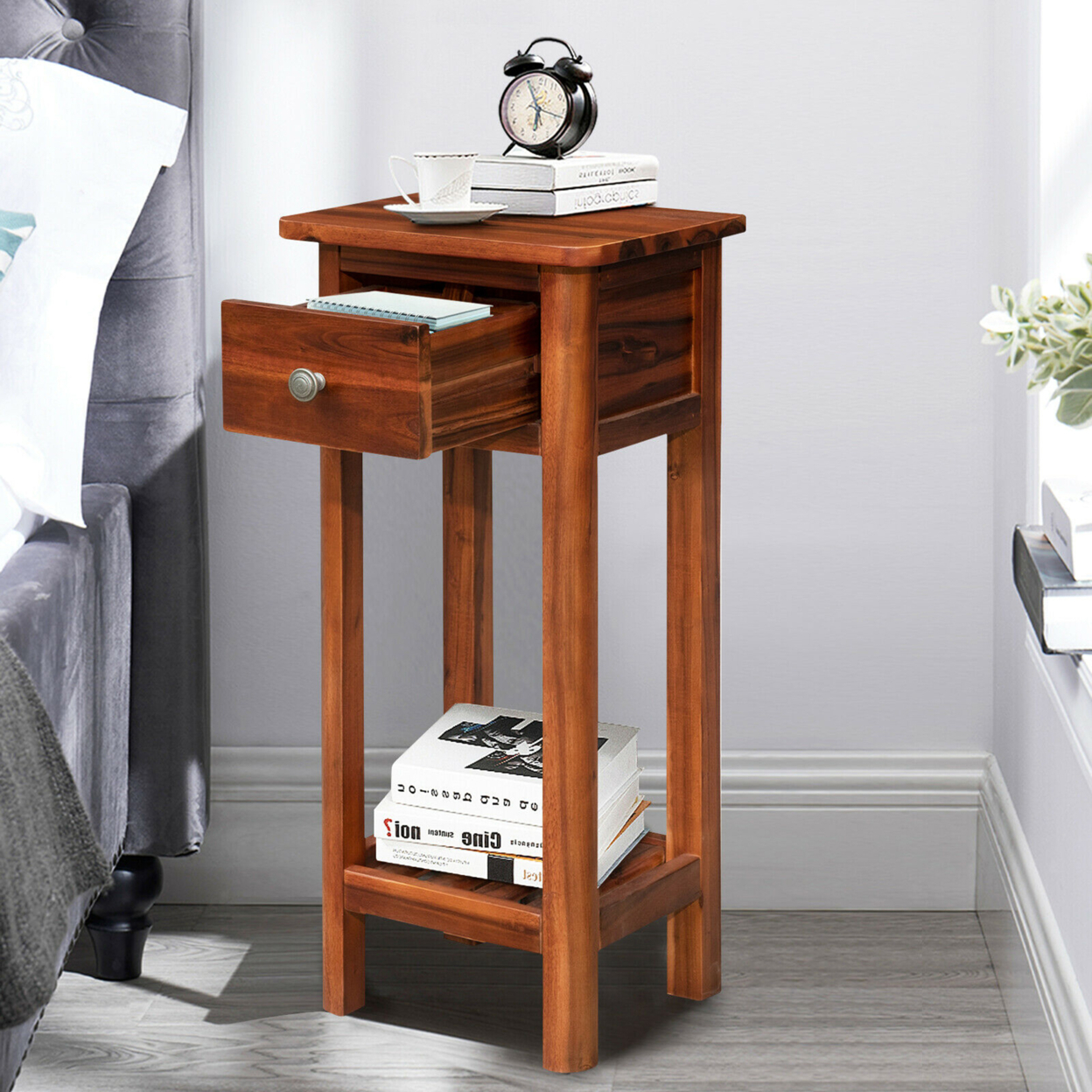 2PCS 2 Tier End Bedside Sofa Side Table With Drawer Shelf Acacia Wood Nightstand