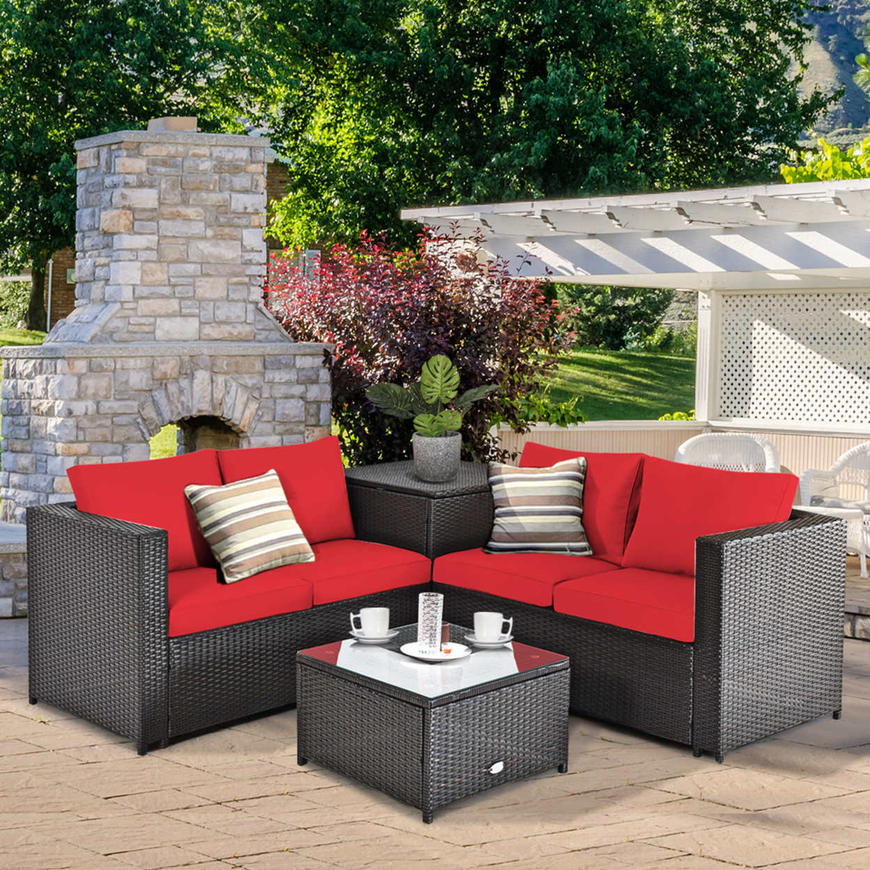 4PCS Cushioned Rattan Patio Conversation Set W/ Side Table Red Cushion