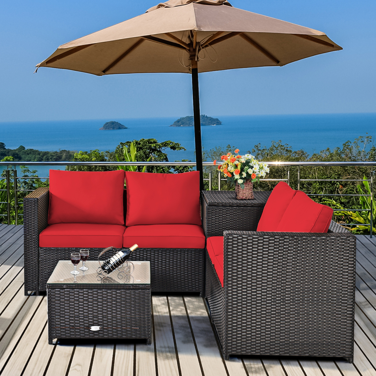 4PCS Cushioned Rattan Patio Conversation Set W/ Side Table Red Cushion
