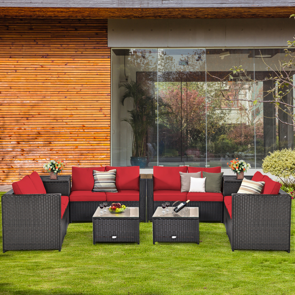 8PCS Cushioned Rattan Patio Conversation Set W/ Side Table Red Cushion