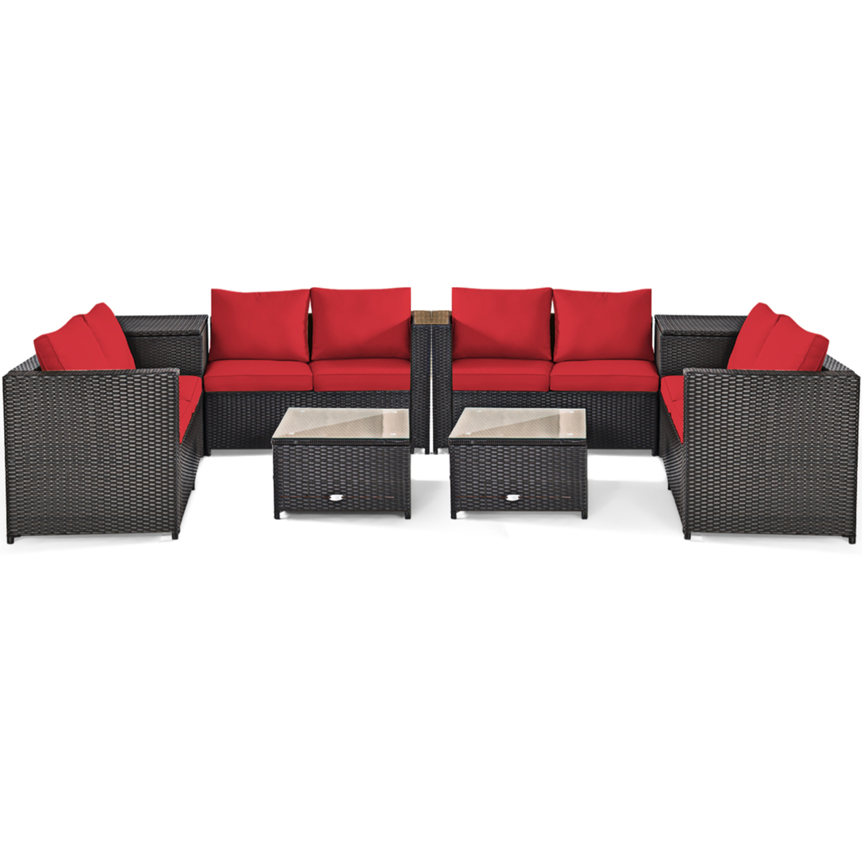 8PCS Cushioned Rattan Patio Conversation Set W/ Side Table Red Cushion