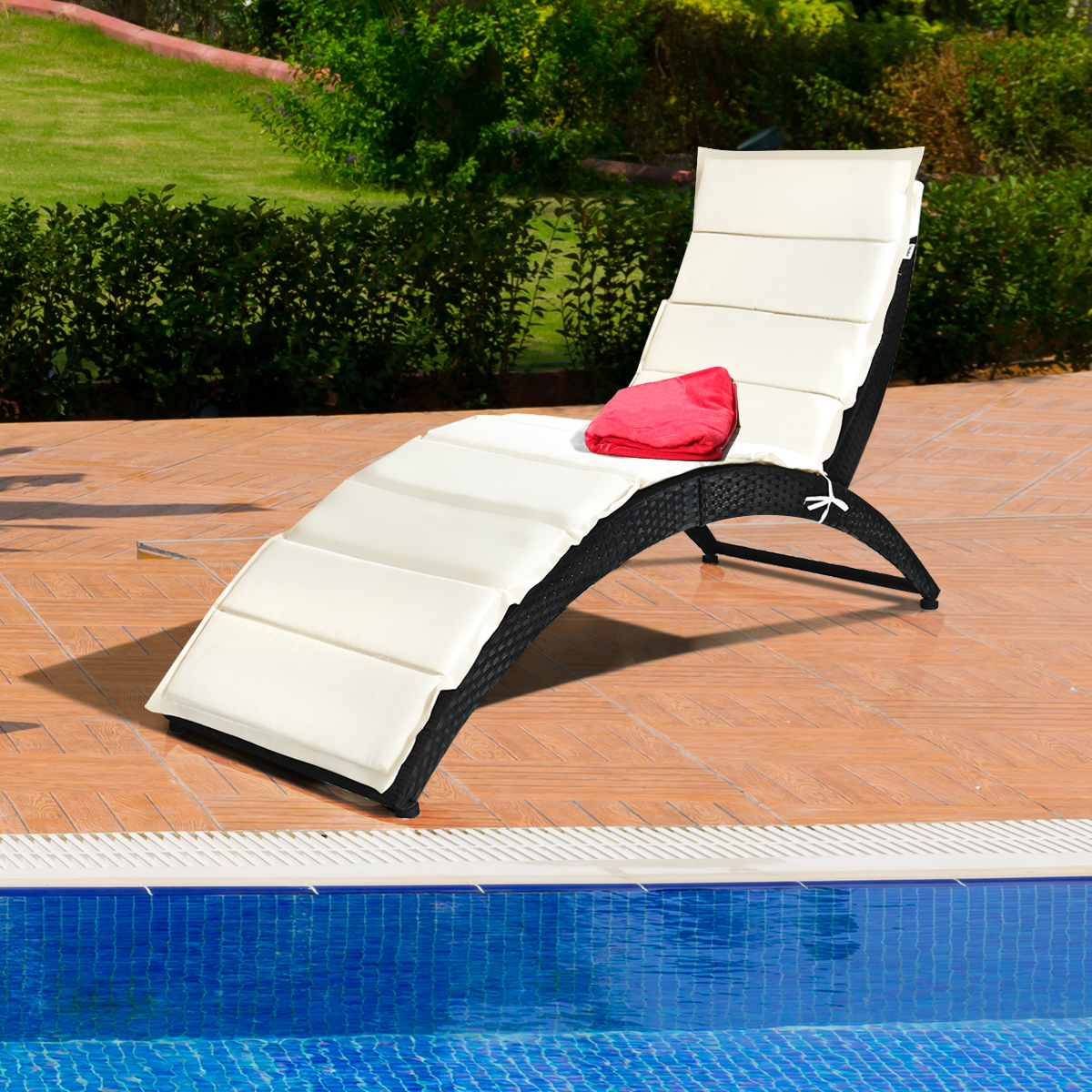 Foldable Rattan Wicker Chaise Lounge Chair W/ Cushion Patio Outdoor