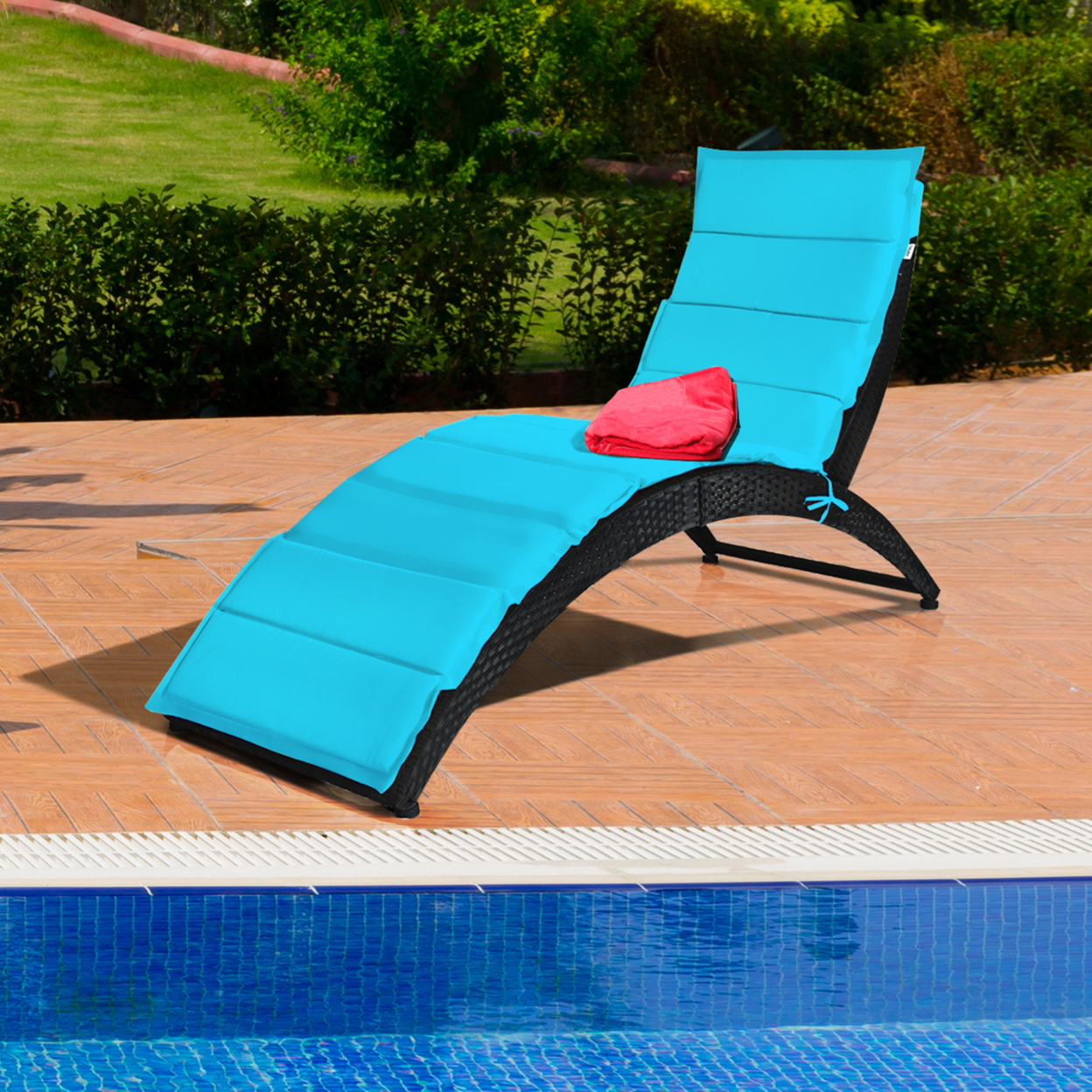 Foldable Rattan Wicker Chaise Lounge Chair W/ Turquoise Cushion Patio Outdoor