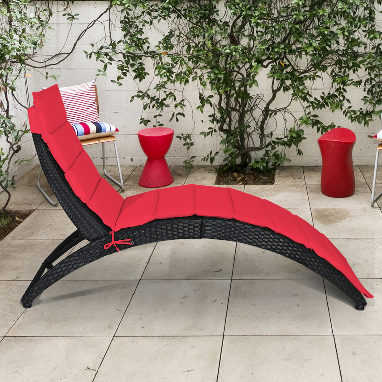 Foldable Rattan Wicker Chaise Lounge Chair W/ Red Cushion Patio Outdoor