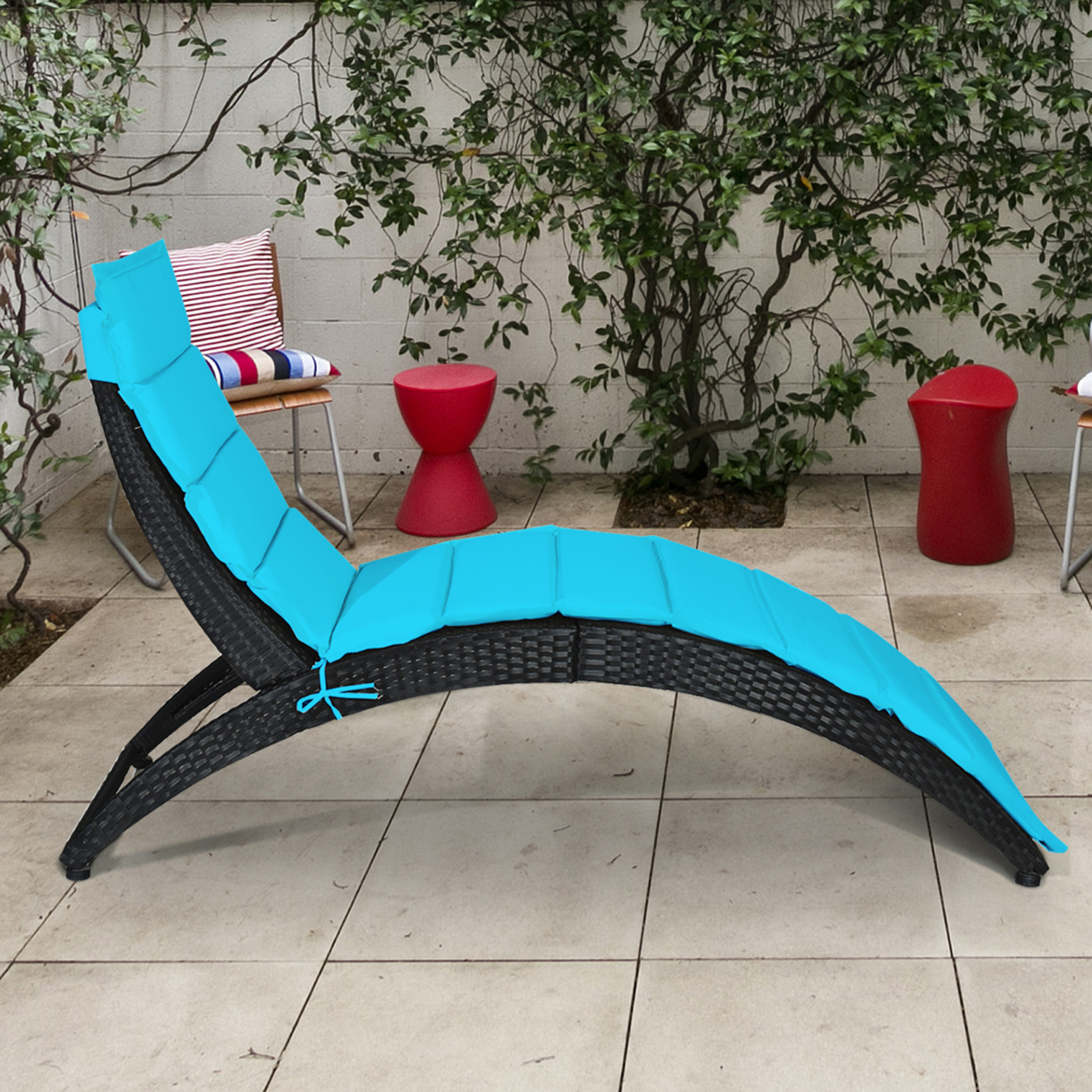 Foldable Rattan Wicker Chaise Lounge Chair W/ Turquoise Cushion Patio Outdoor