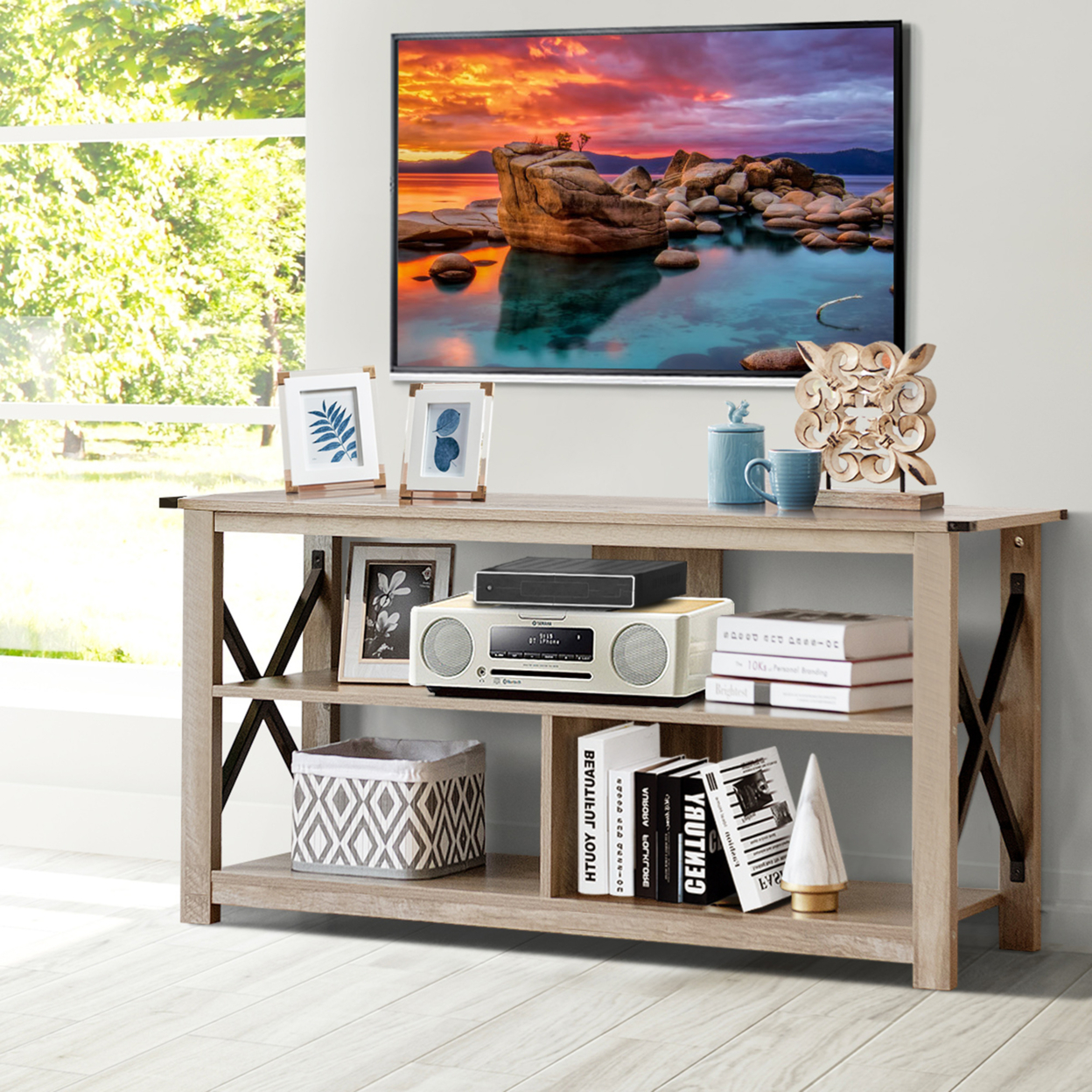 3-Tier TV Stand Entertainment Center For TV's Up To 55'' W/ Open Shelves