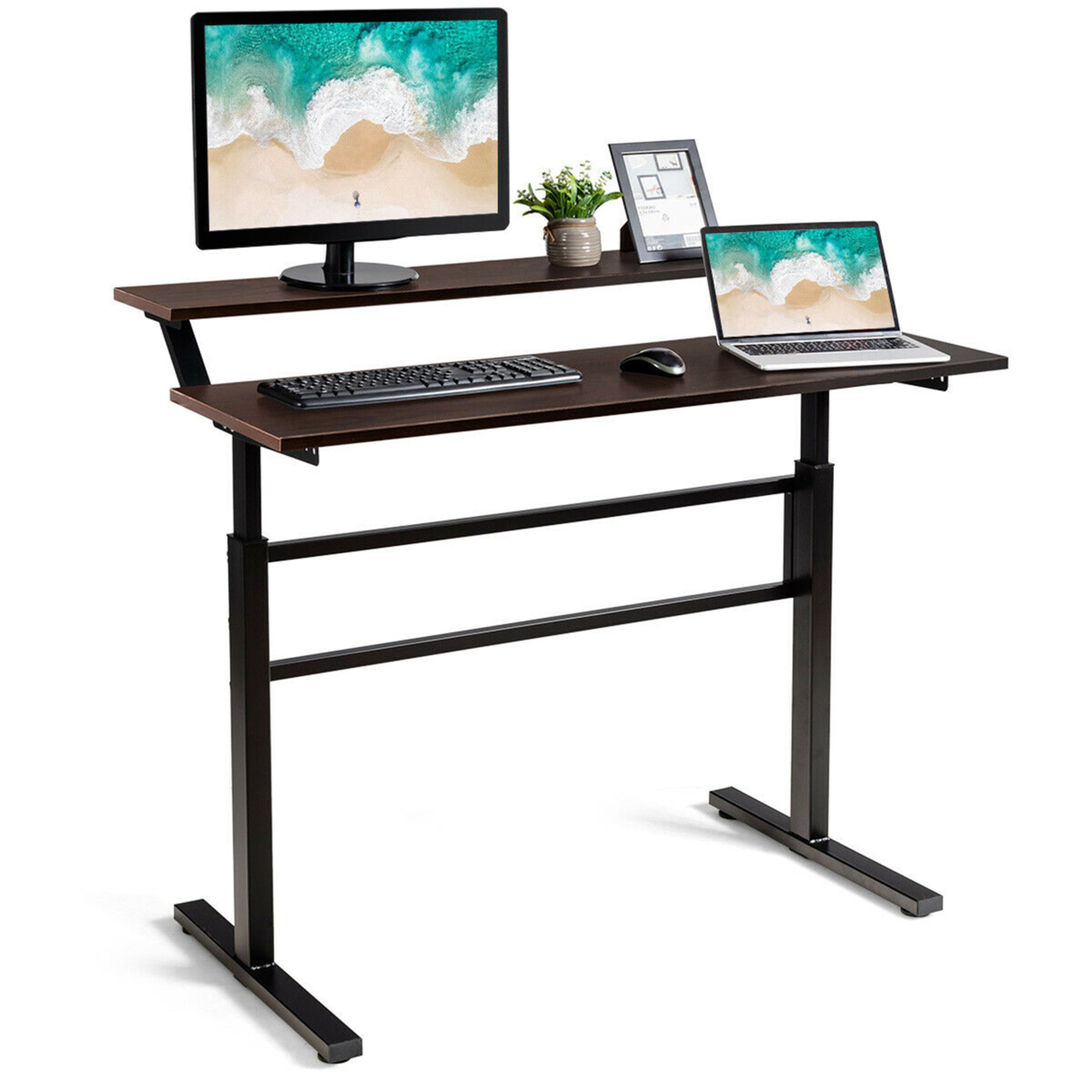 Standing Desk Crank Adjustable Sit To Stand Workstation With Monitor Shelf - Brown