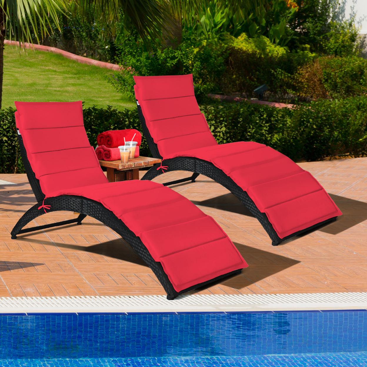 2PCS Foldable Rattan Wicker Chaise Lounge Chair W/ Red Cushion Patio Outdoor