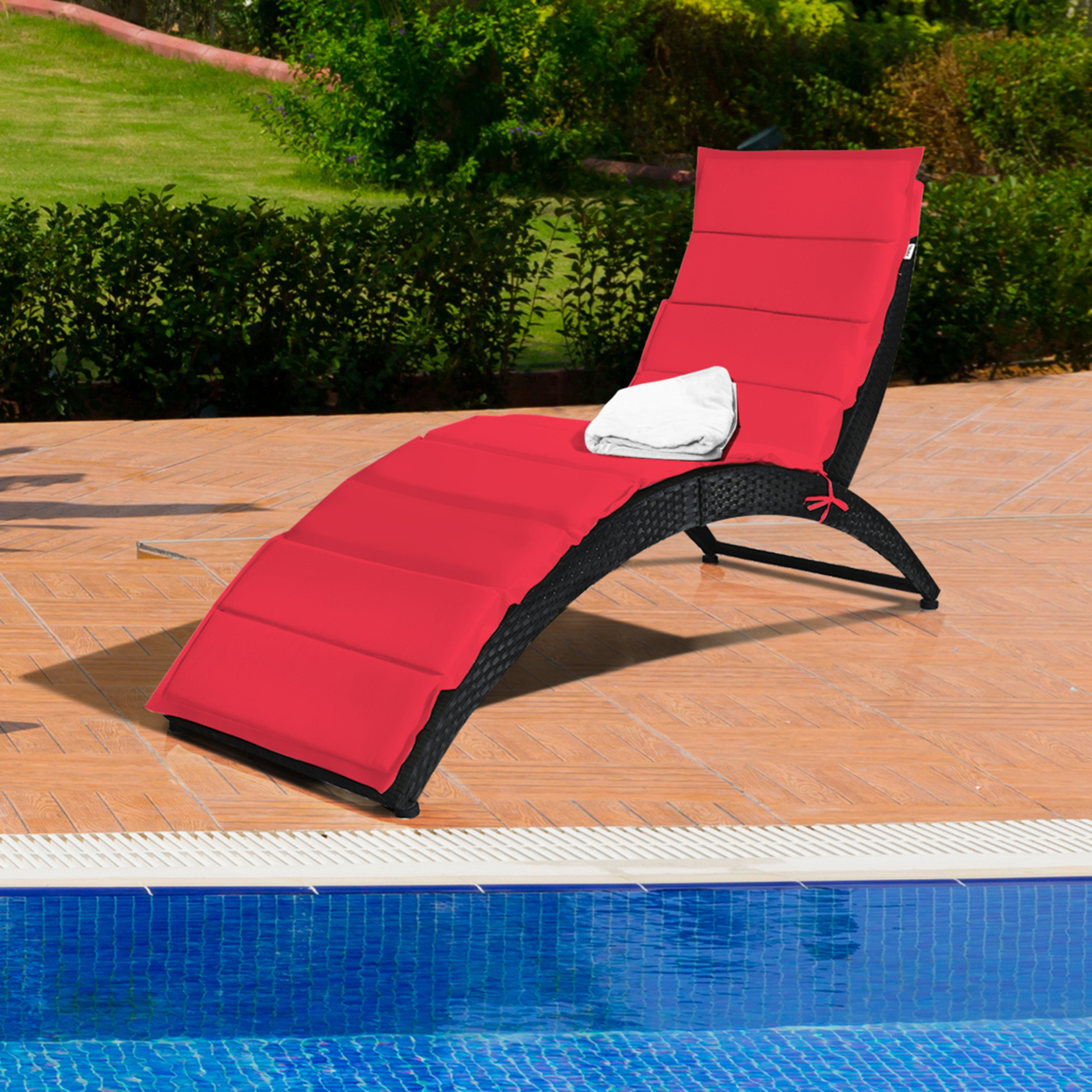 2PCS Foldable Rattan Wicker Chaise Lounge Chair W/ Red Cushion Patio Outdoor