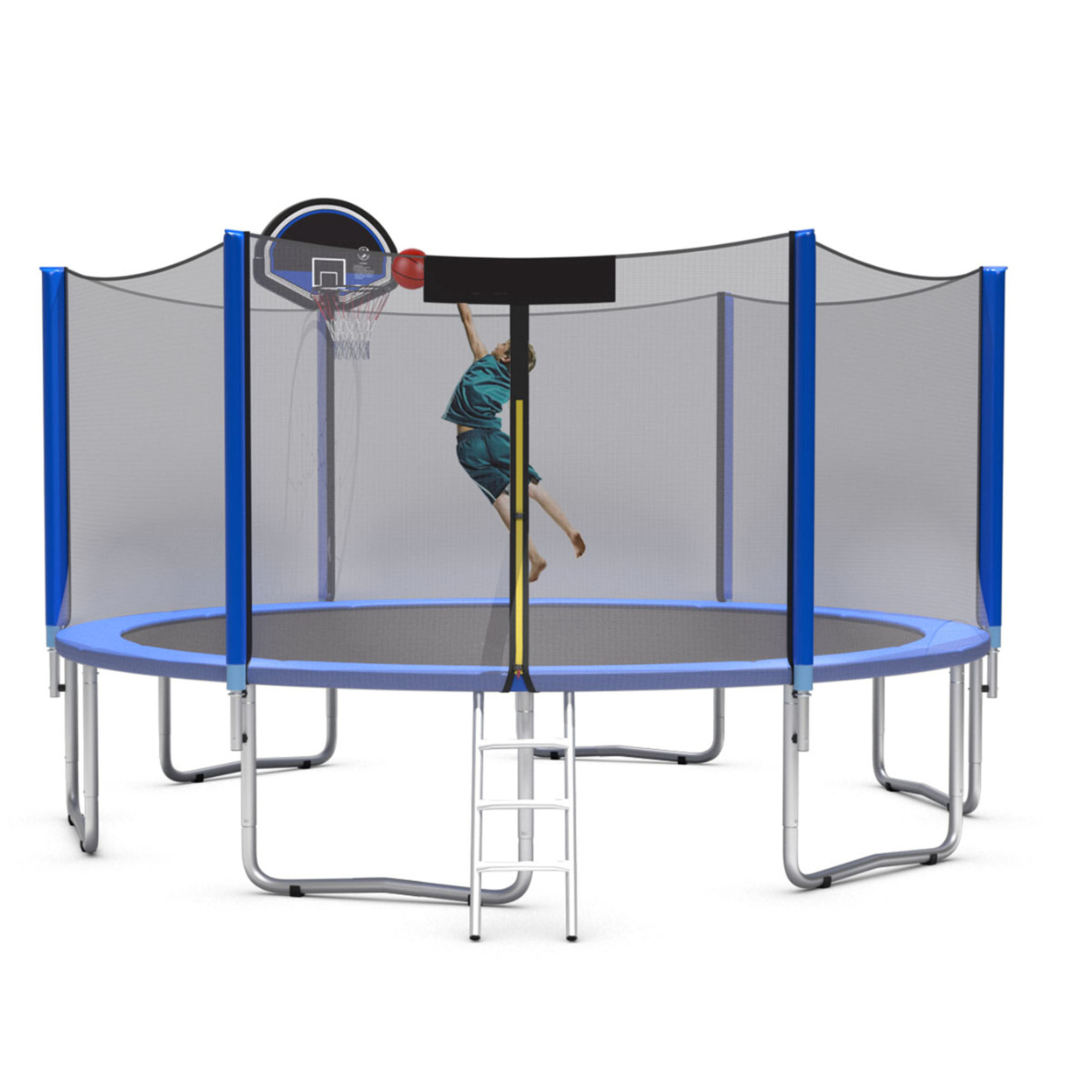 Gymax 12/14/15/16ft Trampoline W/ Safety Enclosure Net Ladder Basketball Hoop - 15 Ft