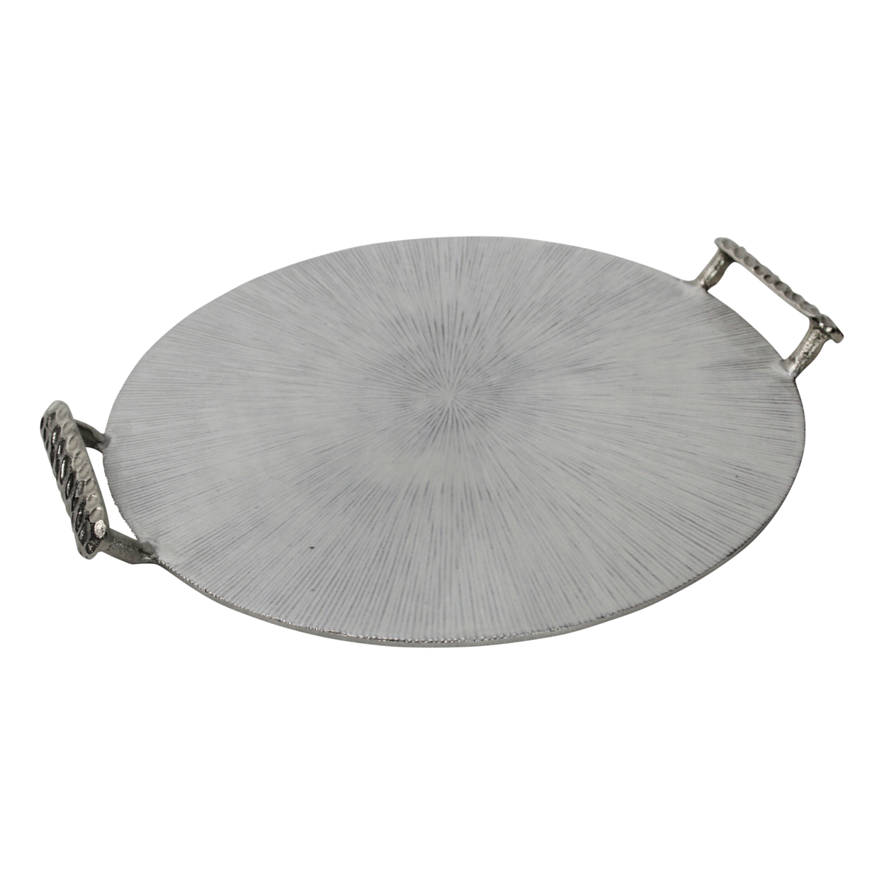 18 Inches Round Metal Frame Tray With Handles, Silver- Saltoro Sherpi