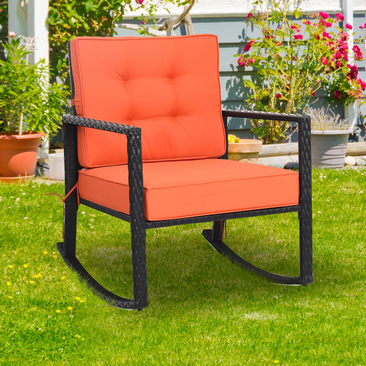 Gymax Outdoor Wicker Rocking Chair Patio Lawn Rattan Single Chair Glider W/ Cushion