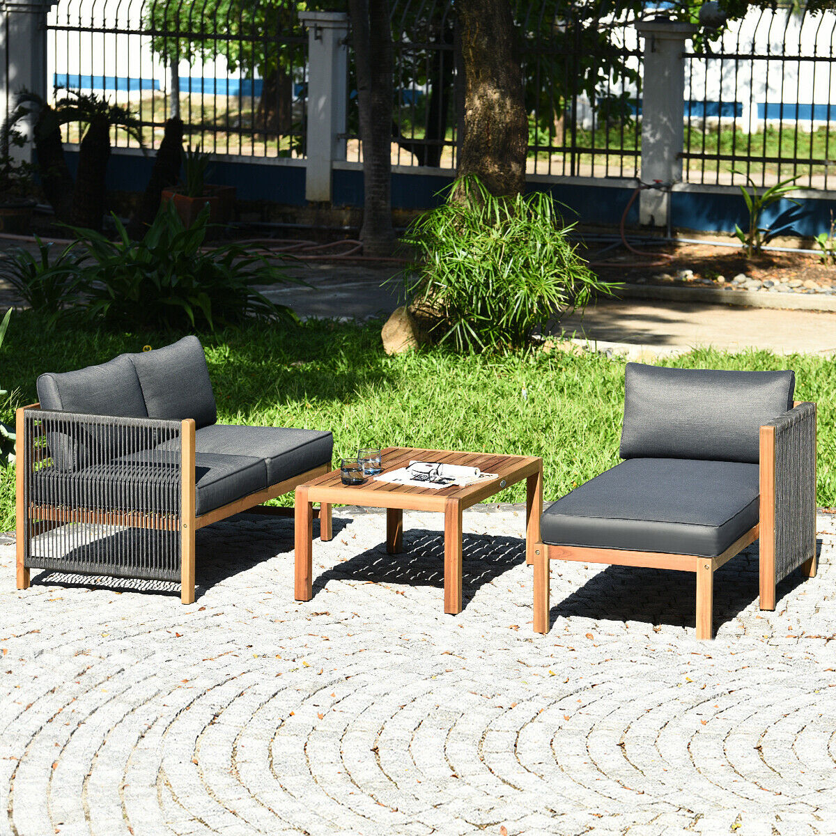 3PCS Patio Acacia Wood Sofa Furniture Set Thick Cushion W/Nylon Rope Armrest