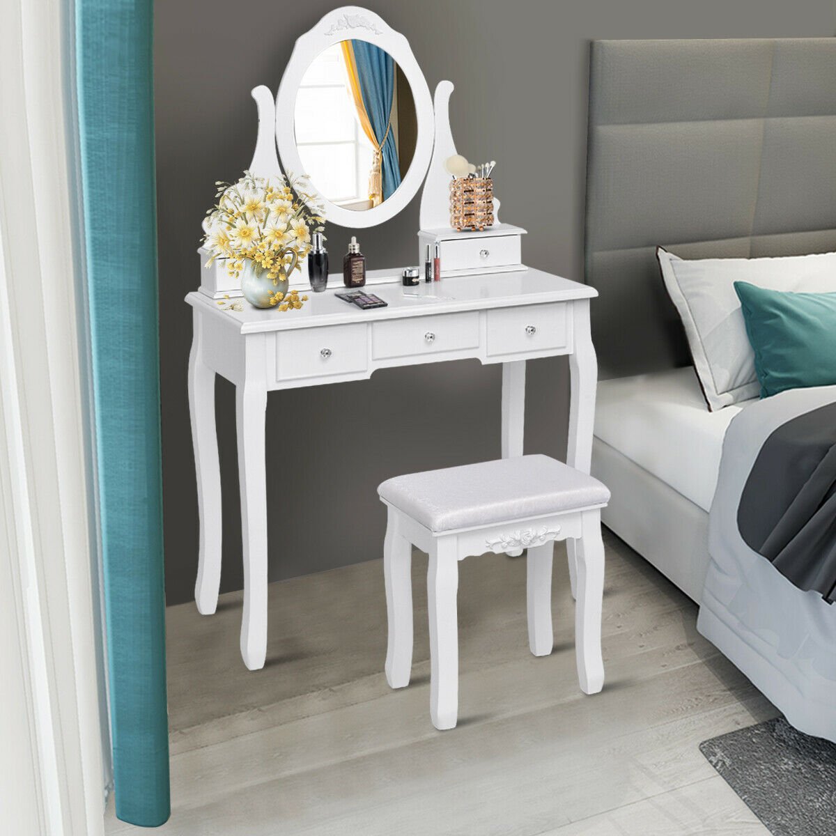 Bedroom Wooden Mirrored Makeup Vanity Set Stool Table Set White 5 Drawers