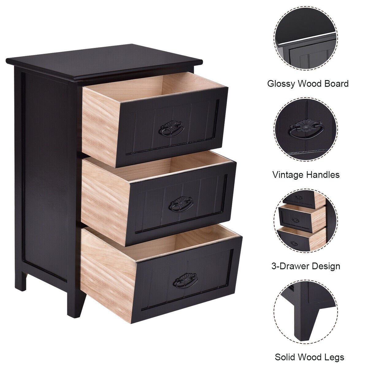 2 PCS 3 Drawers Nightstands End Table Storage Wood Side Bedside Black