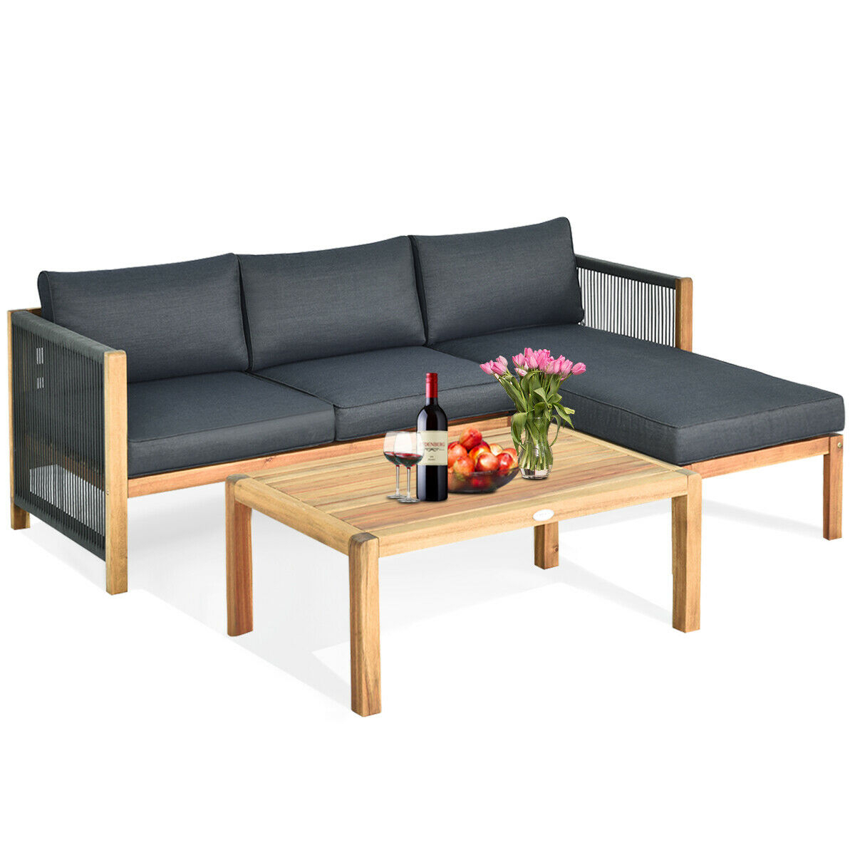 3PCS Patio Acacia Wood Sofa Furniture Set Thick Cushion W/Nylon Rope Armrest
