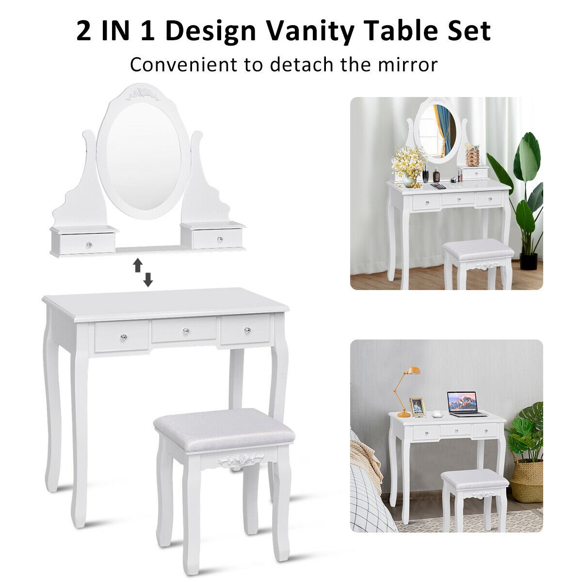 Bedroom Wooden Mirrored Makeup Vanity Set Stool Table Set White 5 Drawers