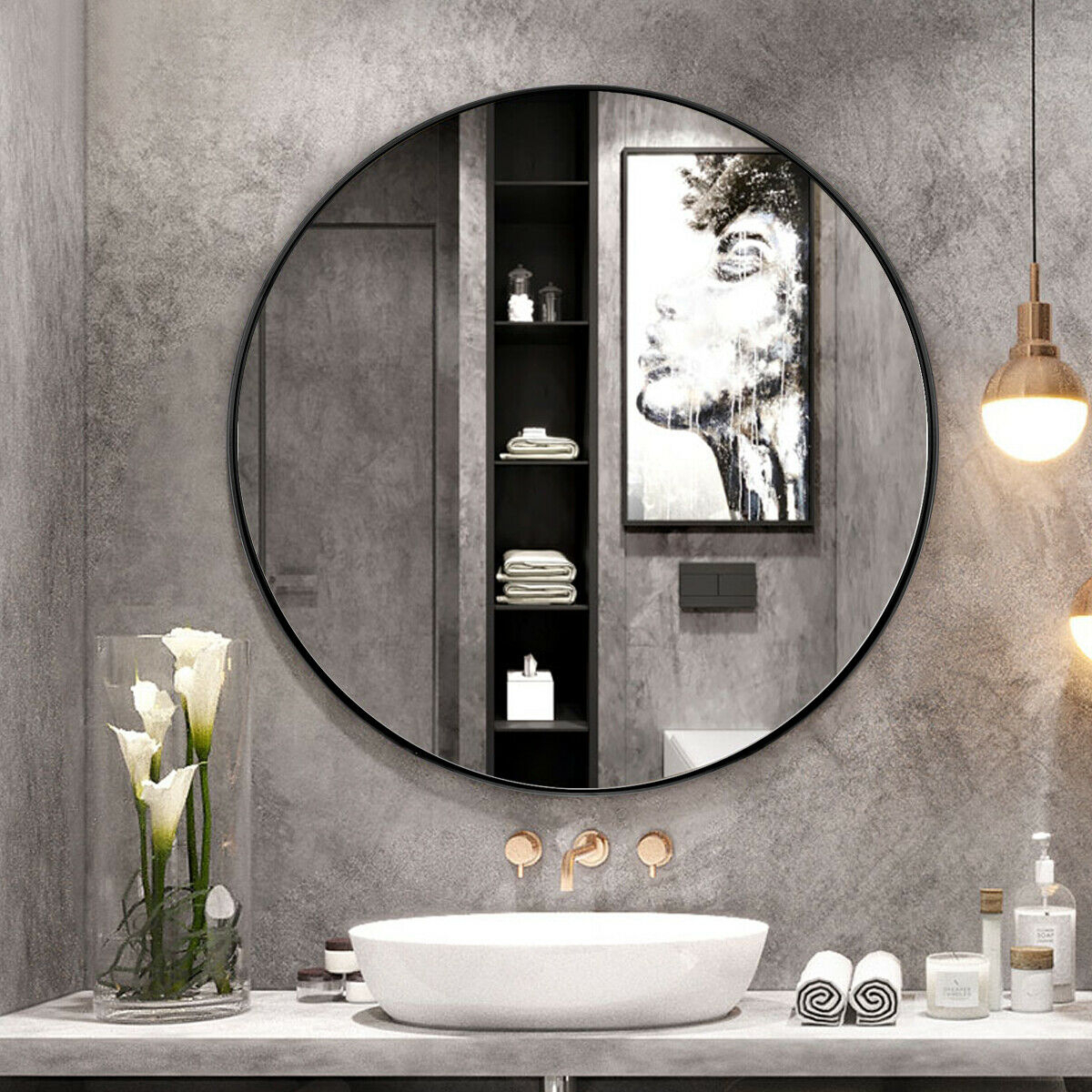 27.5'' Modern Metal Wall-Mounted Round Mirror For Bathroom Entryway Black