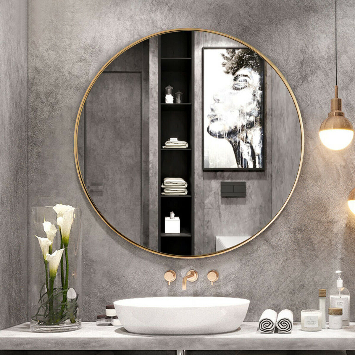27.5'' Modern Metal Wall-Mounted Round Mirror For Bathroom Entryway Gold