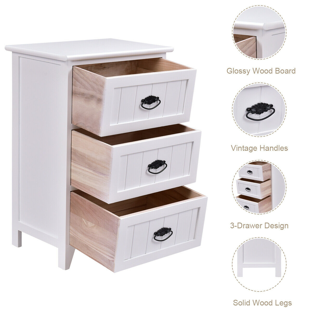 Gymax 3 Drawers Nightstand End Table Storage Wood Side Bedside White