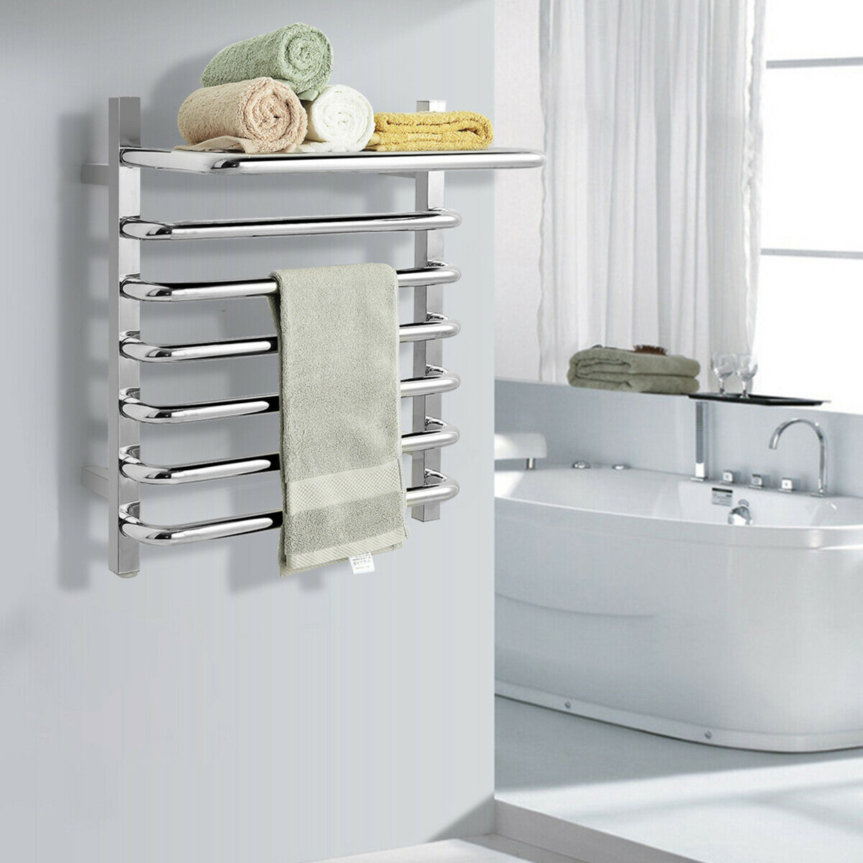 10-Bar Wall Mounted Towel Warmer Stainless Steel Plug-in Towel Rack W/ Top Shelf