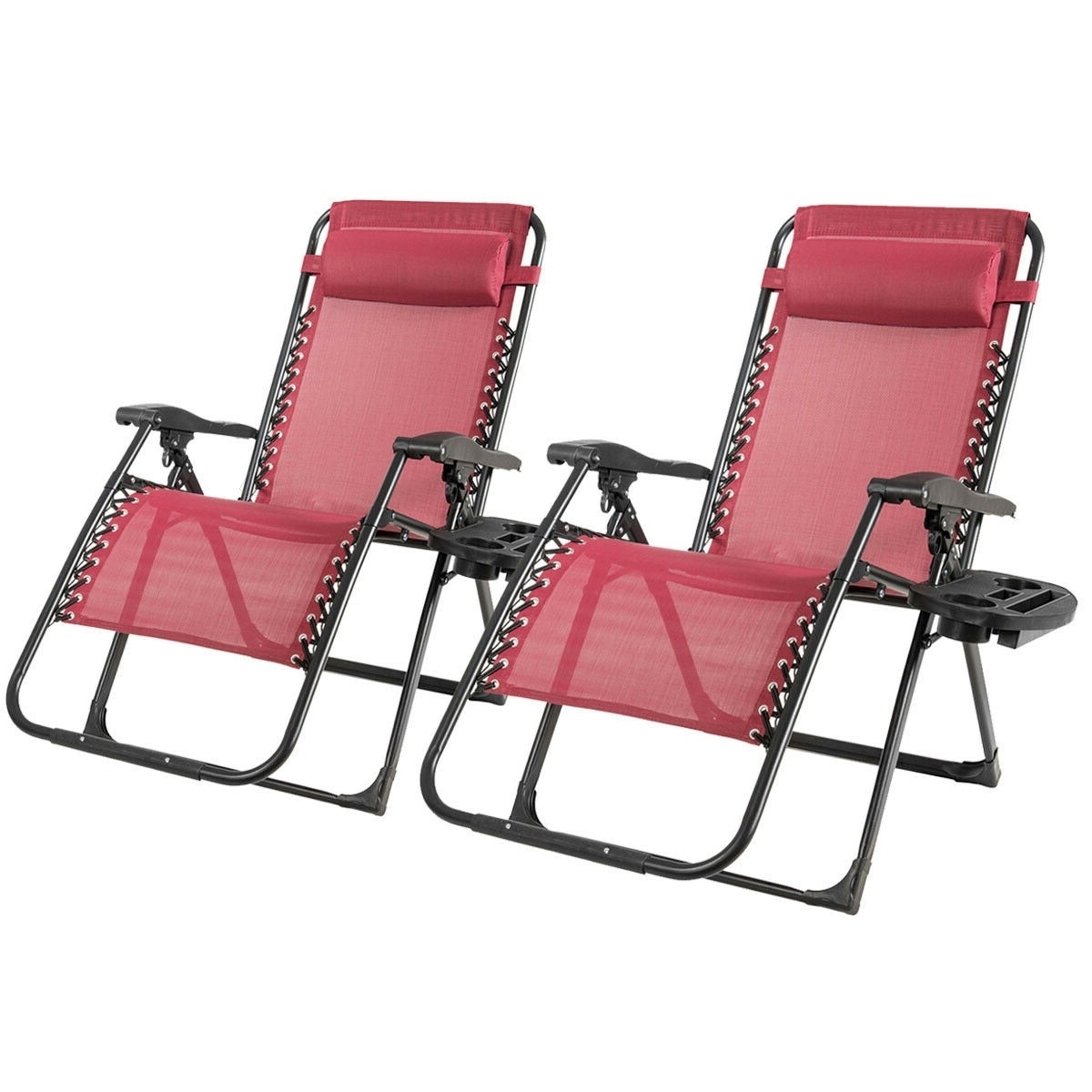 2PCS Folding Zero Gravity Lounge Chair Recliner W/ Cup Holder Pillow - Wine Red