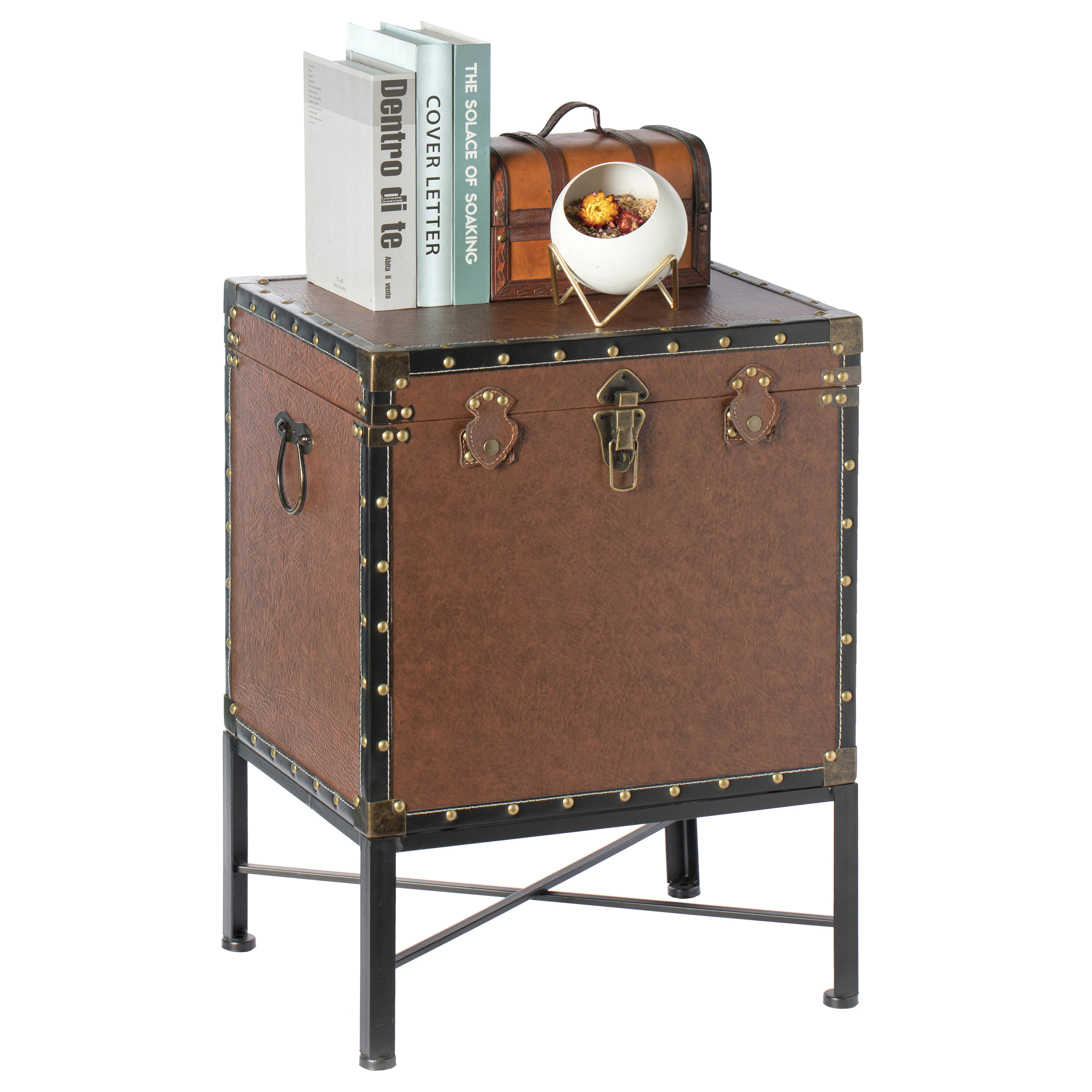 Faux Leather Trimmed Lockable Square Lined Storage Trunk, End Table On Metal Stand - Brown