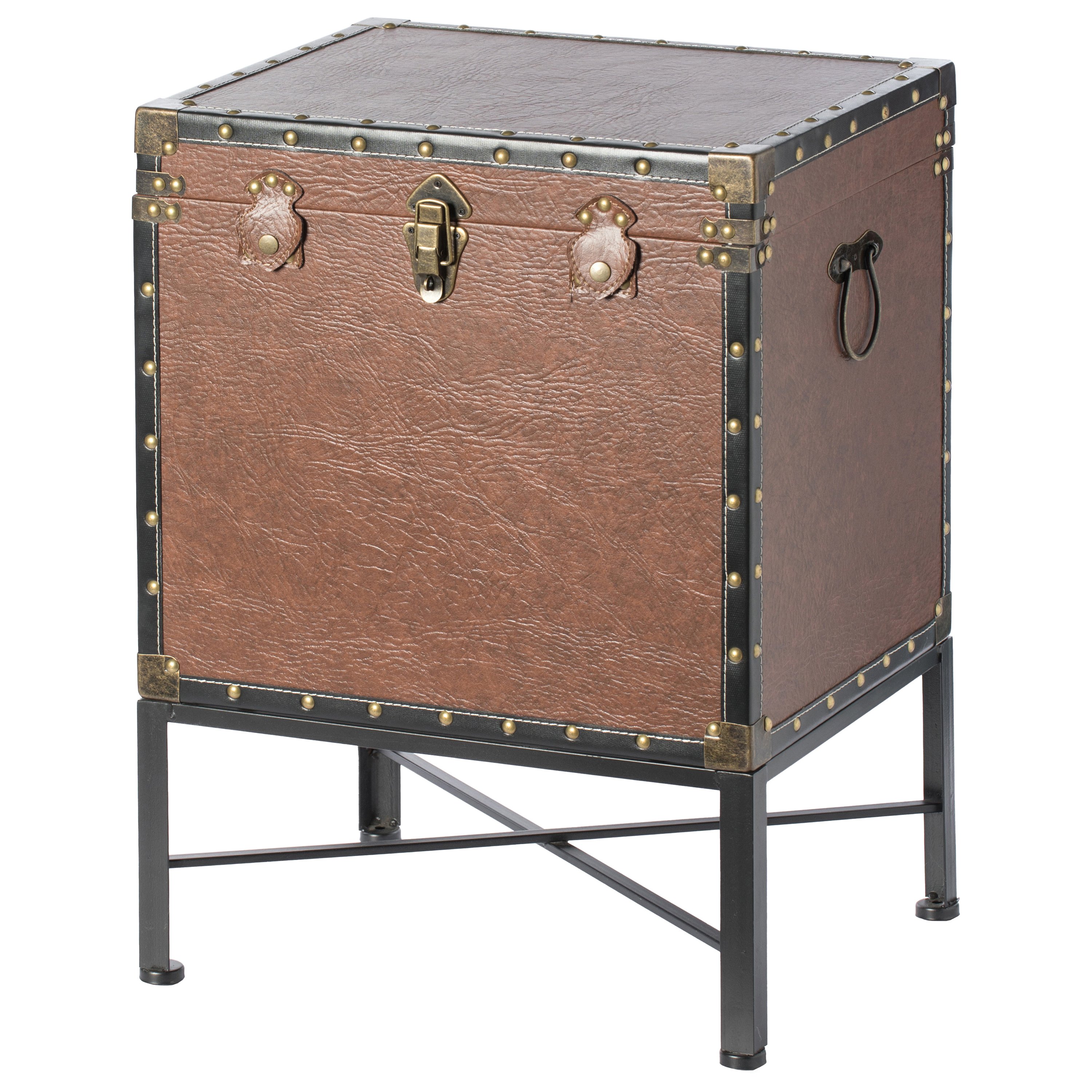 Faux Leather Trimmed Lockable Square Lined Storage Trunk, End Table On Metal Stand - Silver