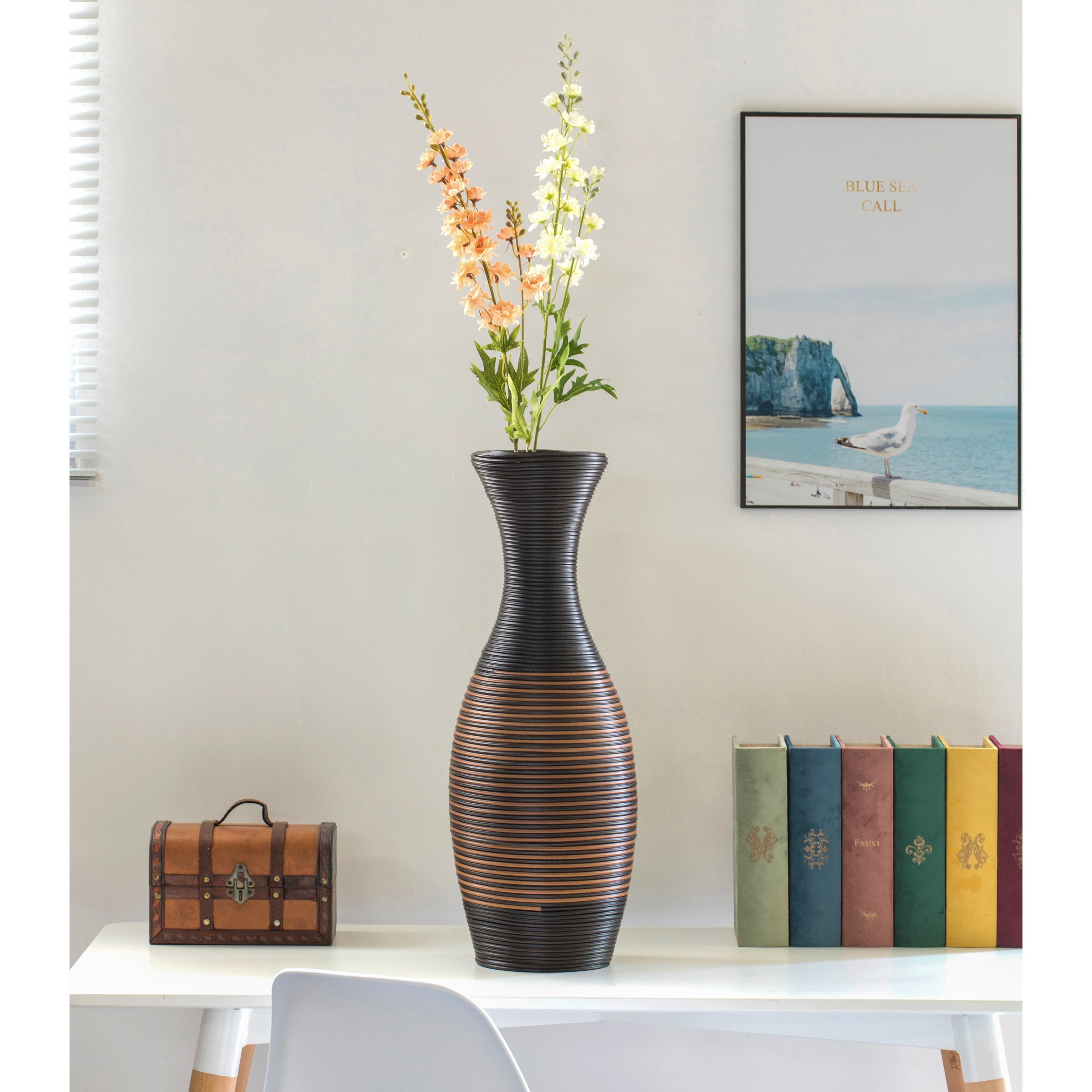 Tall Designer Floor Vase, Large Vase For Home Decor Floor, Artificial Rattan Floor Vase, Brown Floor Vase For Living Room Or Hallway, 41 Inc