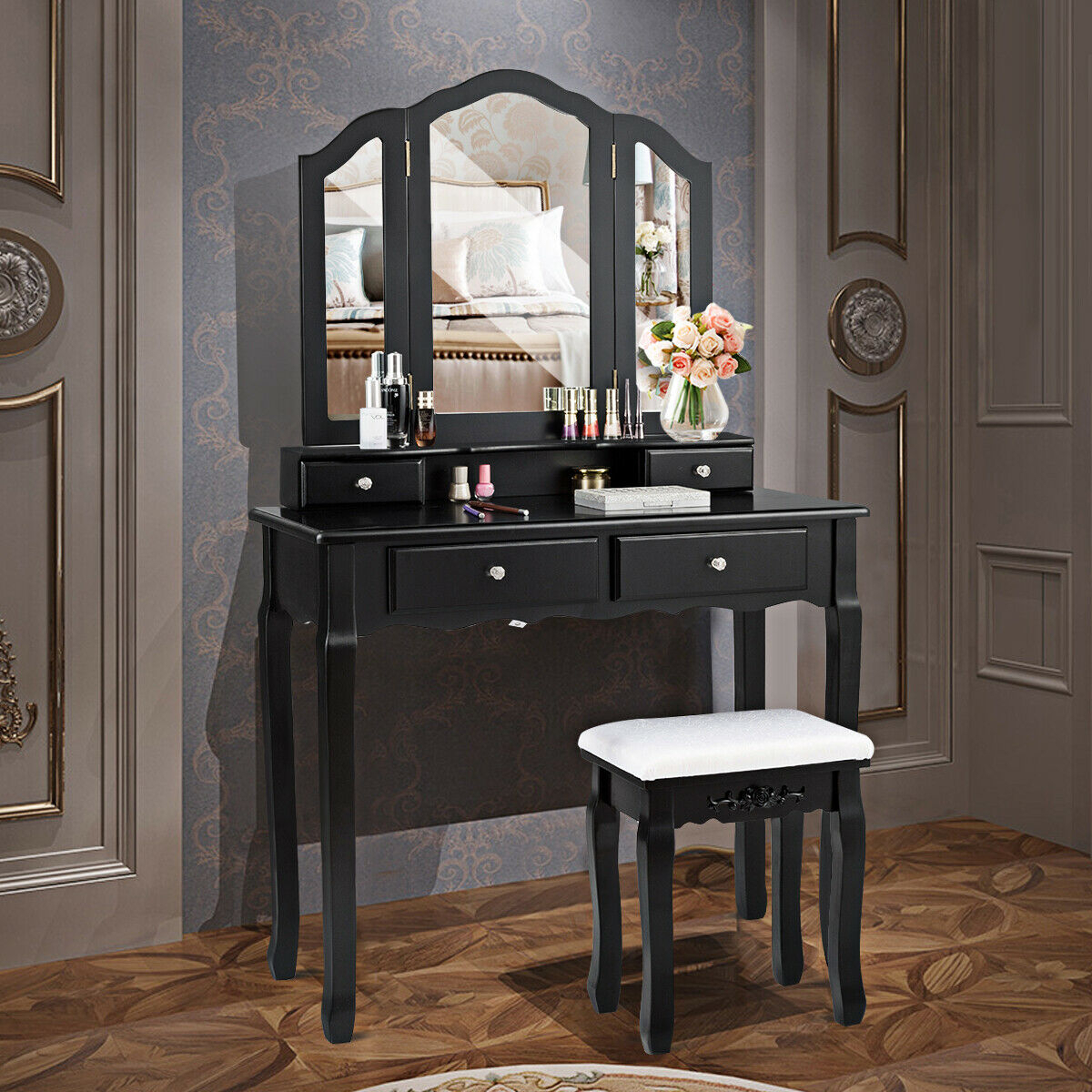 Bedroom Tri Folding Mirror Vanity Makeup Table Stool Set Black/White - Black