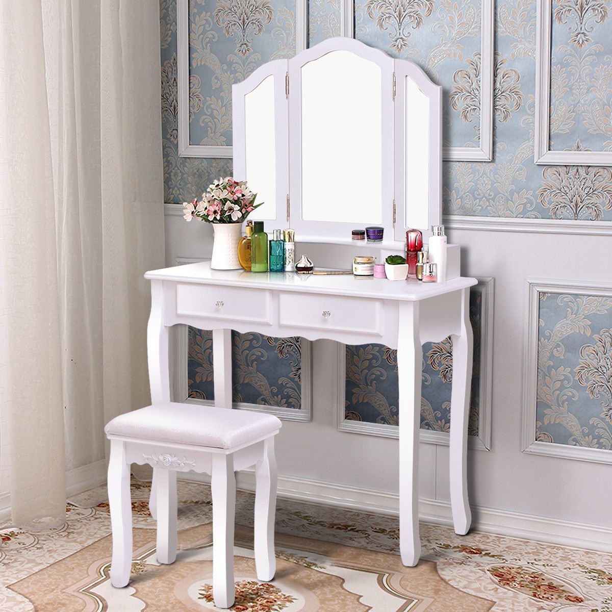 Bedroom Tri Folding Mirror Vanity Makeup Table Stool Set Black/White - White