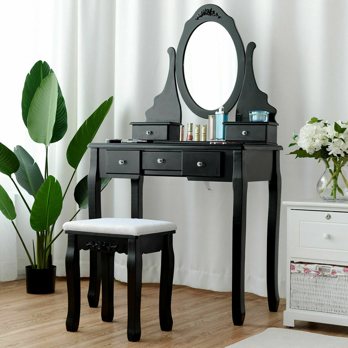 Vanity Jewelry Wooden Makeup Dressing Table Set W/Stool Mirror & 5 Drawers Black