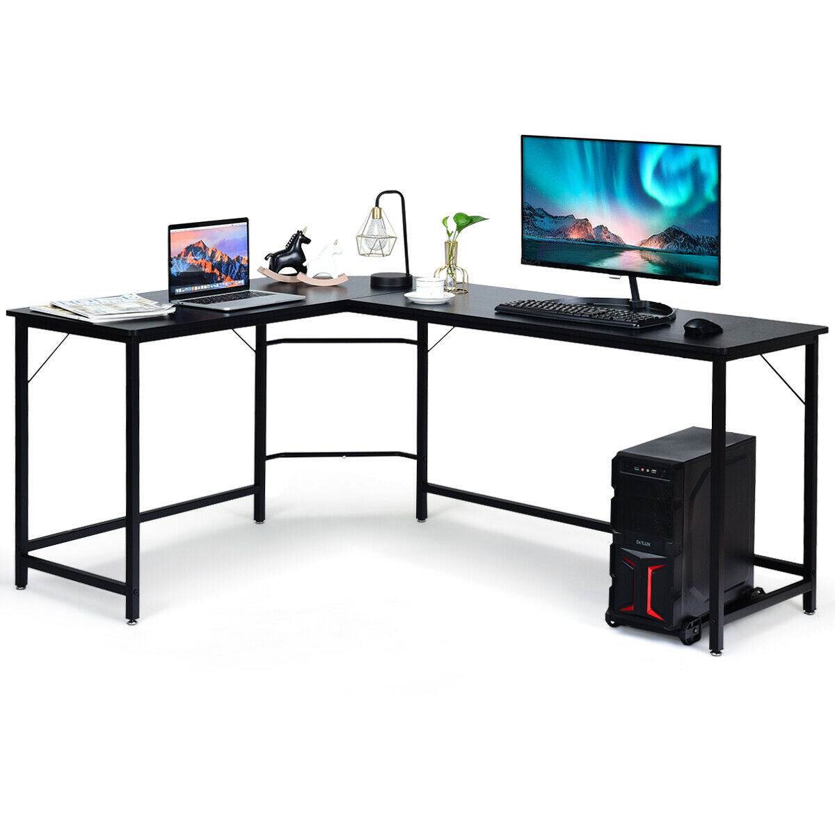 L Shaped Desk Corner Computer Desk PC Laptop Gaming Table Workstation Black/Natural/Brown - Black