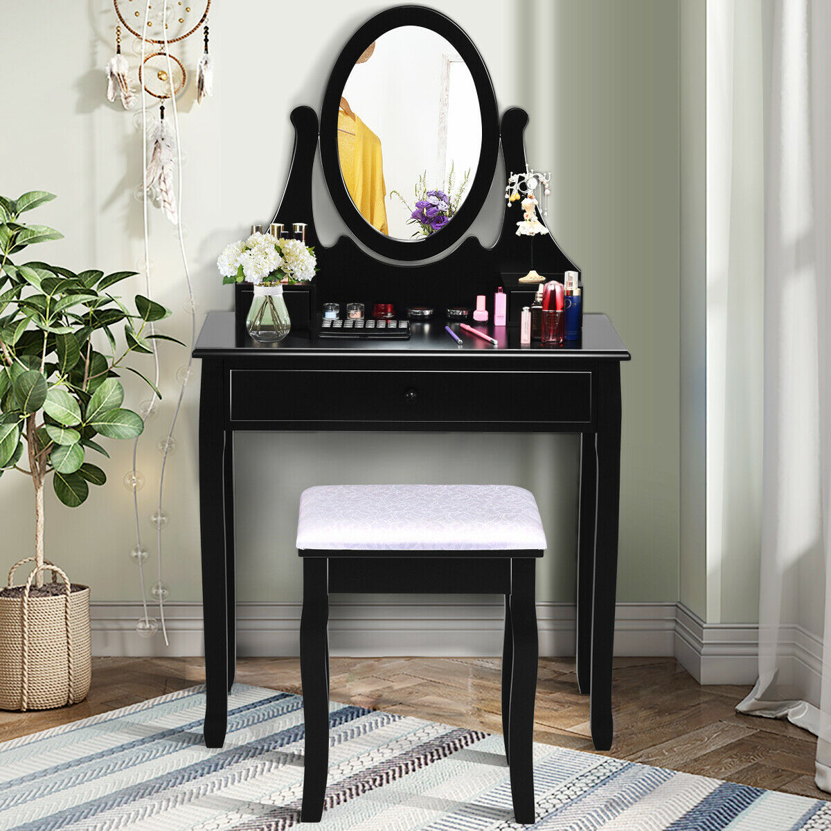 Bedroom Wooden Mirrored Makeup Vanity Set Stool Table Set - Black