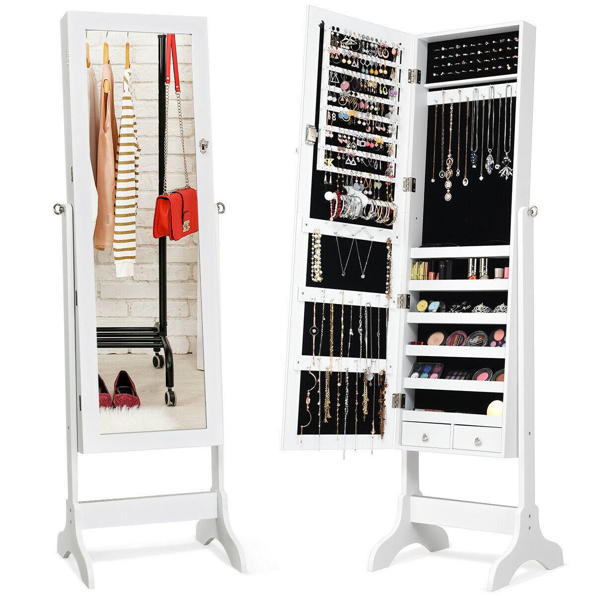 Jewelry Organizer Vanity Box W/ Full Length Mirror Black/ White - White