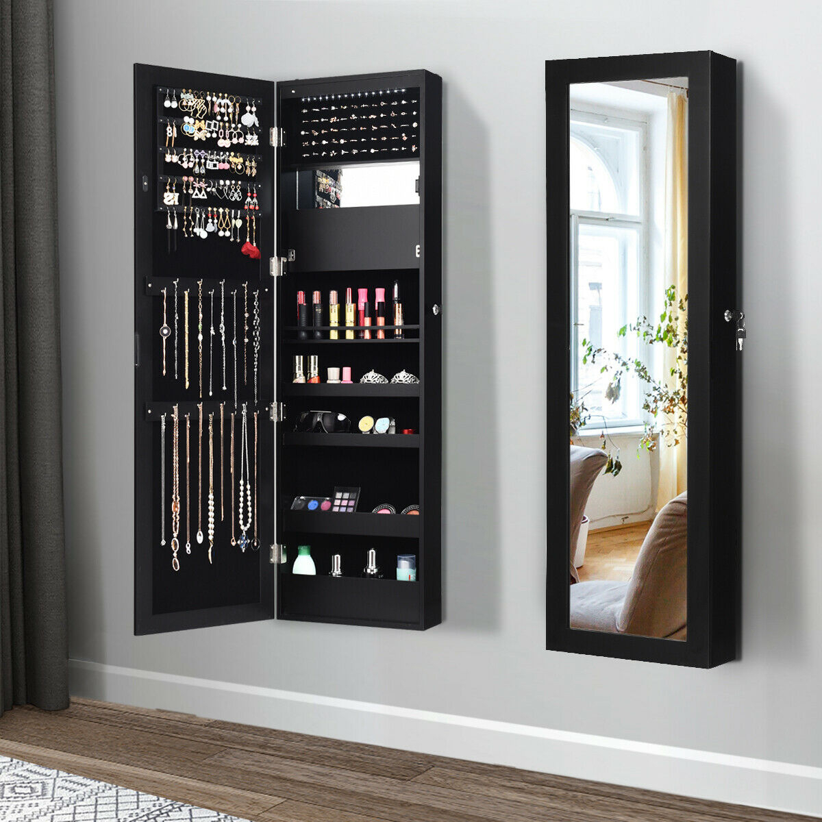 Wall Door Mounted Lockable Jewelry Cabinet Armoire Organizer W/LED - Black