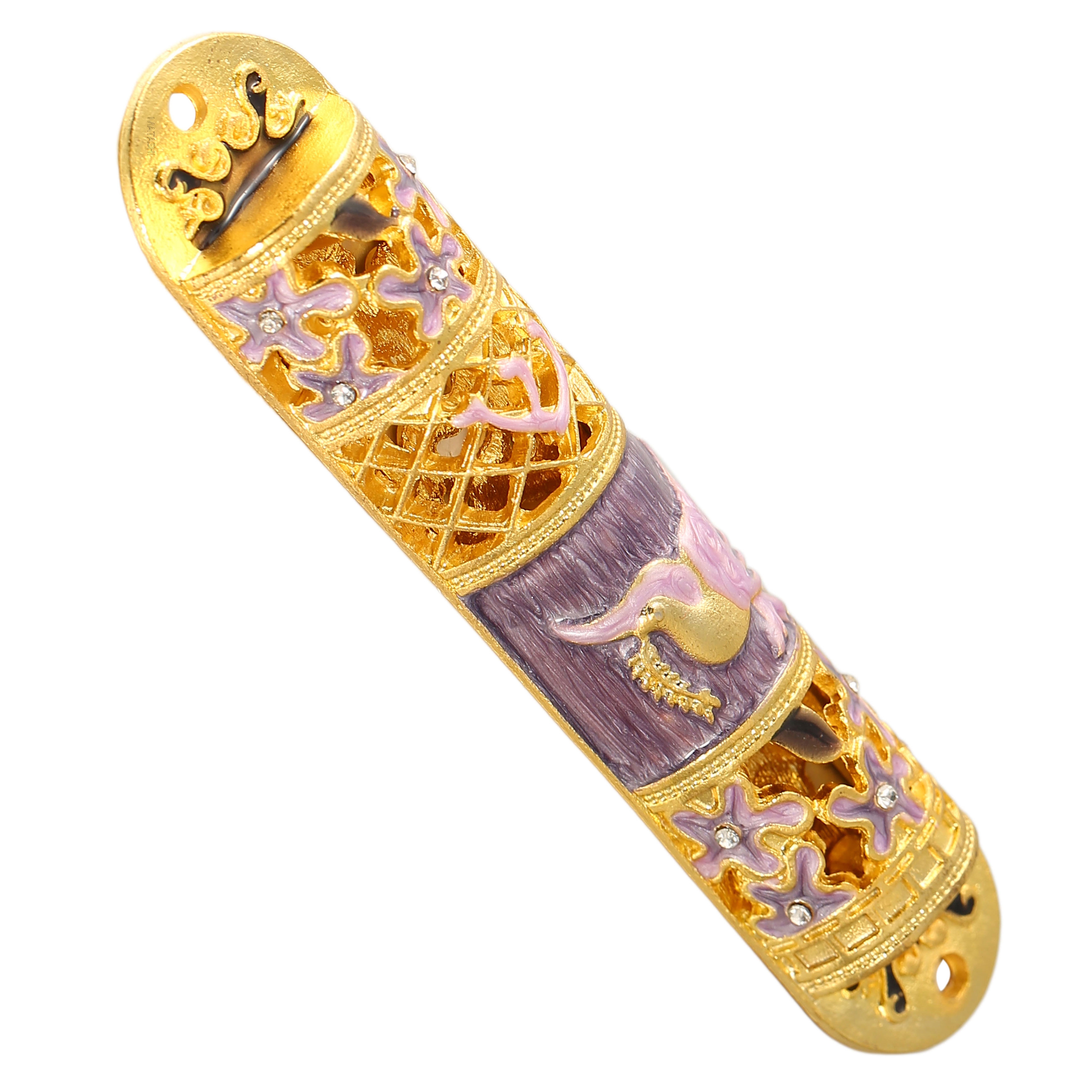 Hand Painted Enamel Mezuzah Embellished With A Floral Design With Gold Accents And High Quality Crystals By Matashi