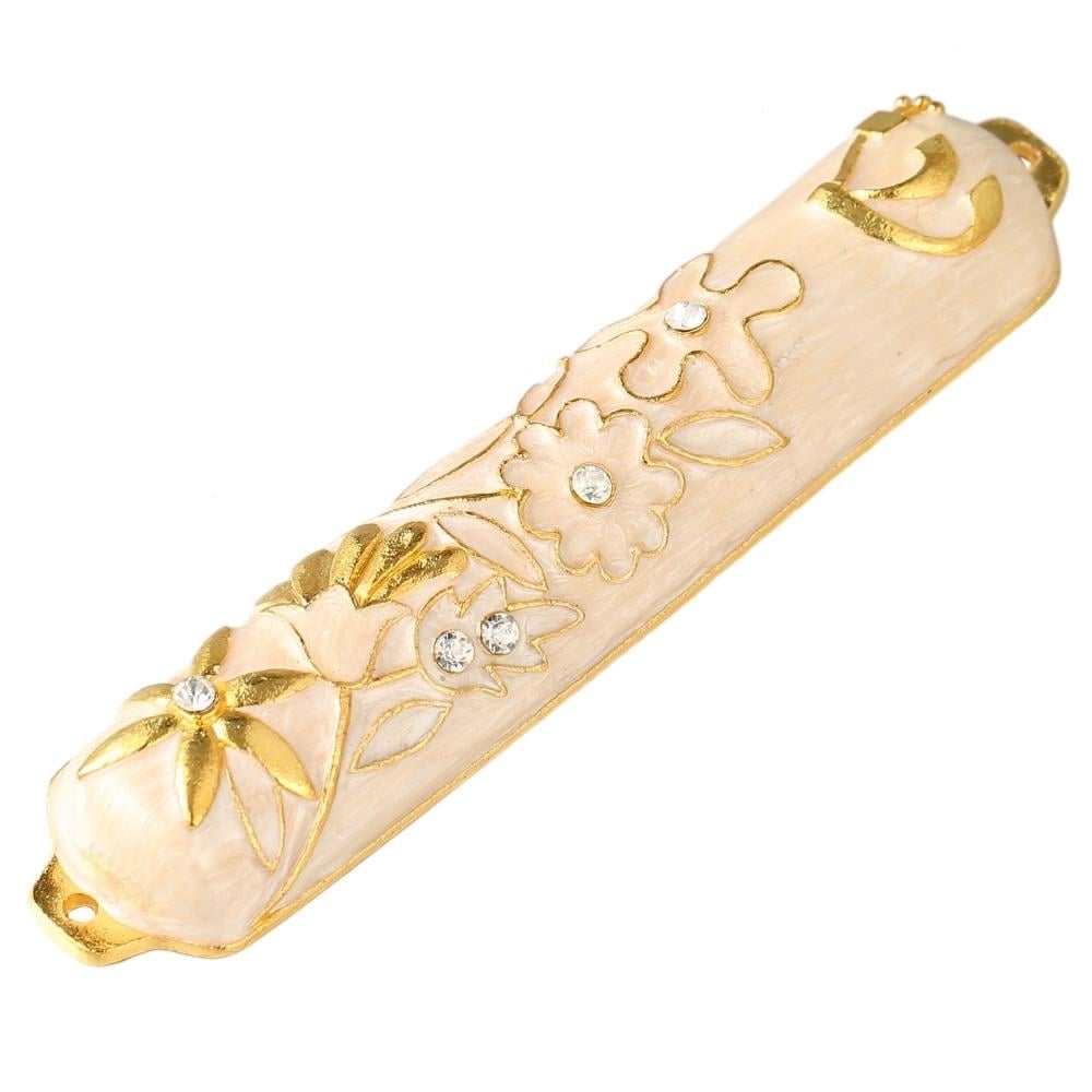 Hand Painted White Enamel Mezuzah Embellished With A Floral Design With Gold Accents And High Quality Crystals By Matashi