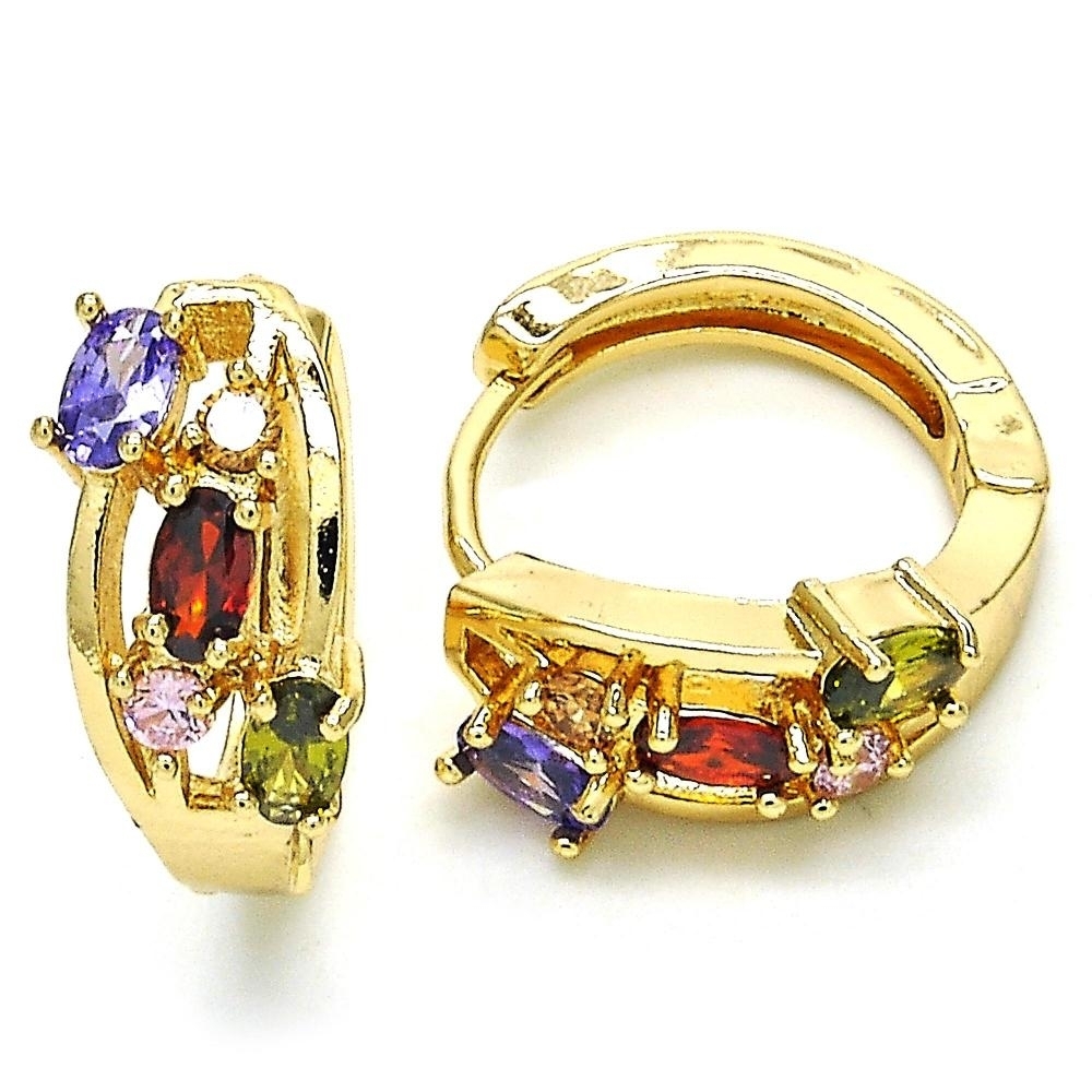 Multi Color Halo Huggie Oval Stones Earrings In Yellow Gold Filled High Polish Finsh