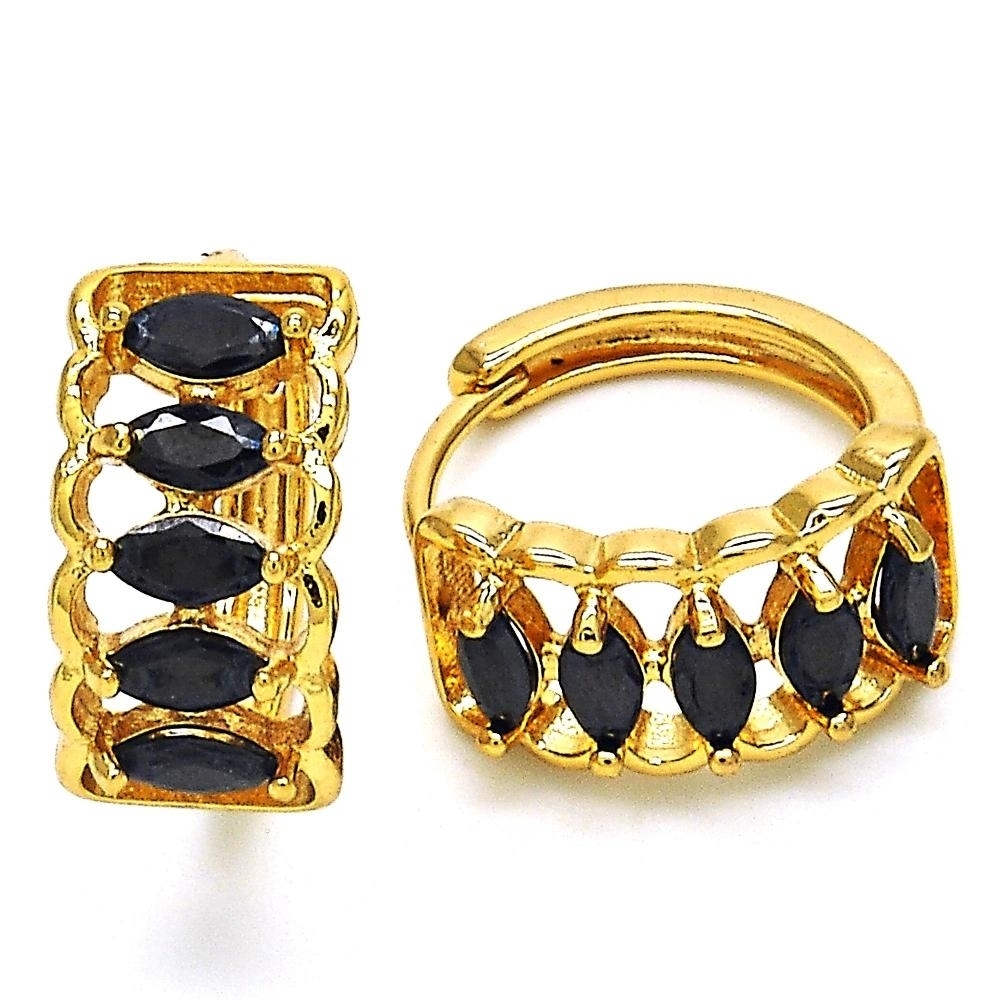 Black HALO 5 Row HUGGIE OVAL STONES LAB CREATED EARRINGS IN YELLOW GOLD