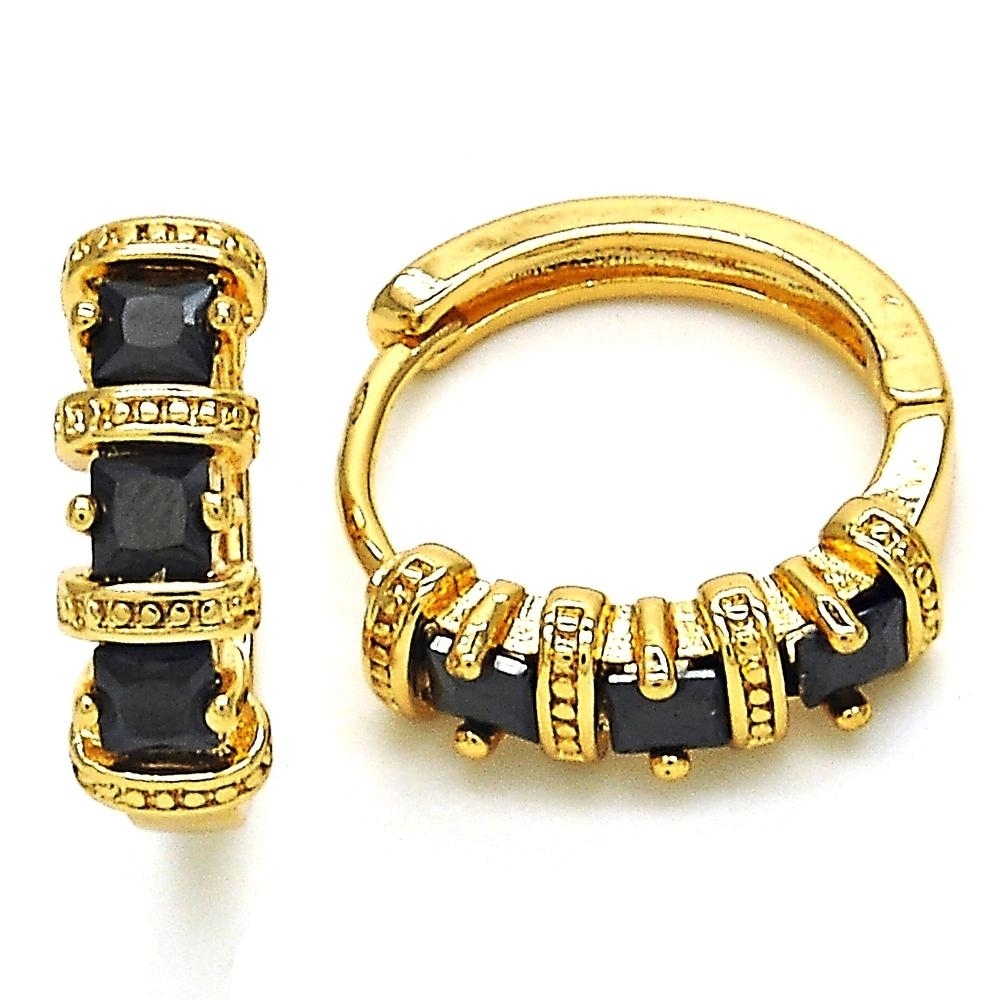 Black 3 Row Halo HUGGIE SQUARE STONES EARRINGS IN YELLOW GOLD Filled High Polish Finsh