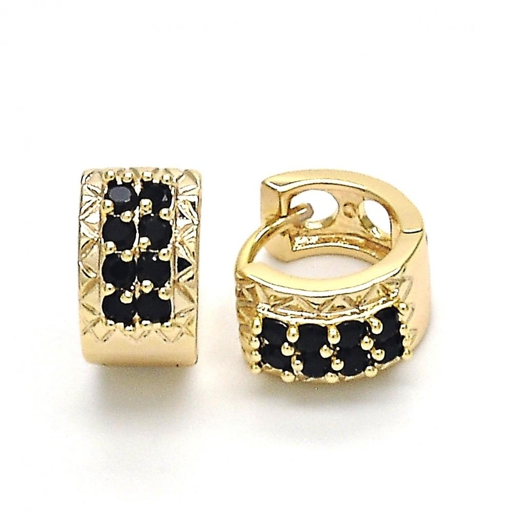 Red OR BLACK HALO 2 Line HUGGIE OVAL STONES LAB CREATED EARRINGS 18K Gold Filled High Polish Finsh - Black